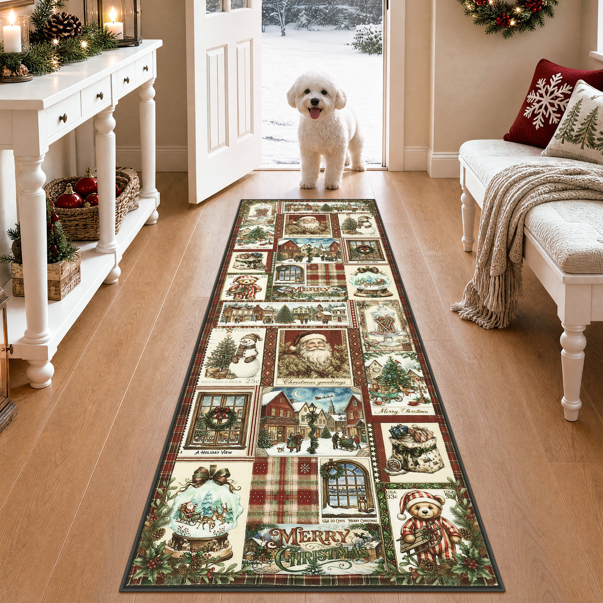 Christmas Vintage Runner Rug, Washable Non-Slip Holiday Kitchen Mat