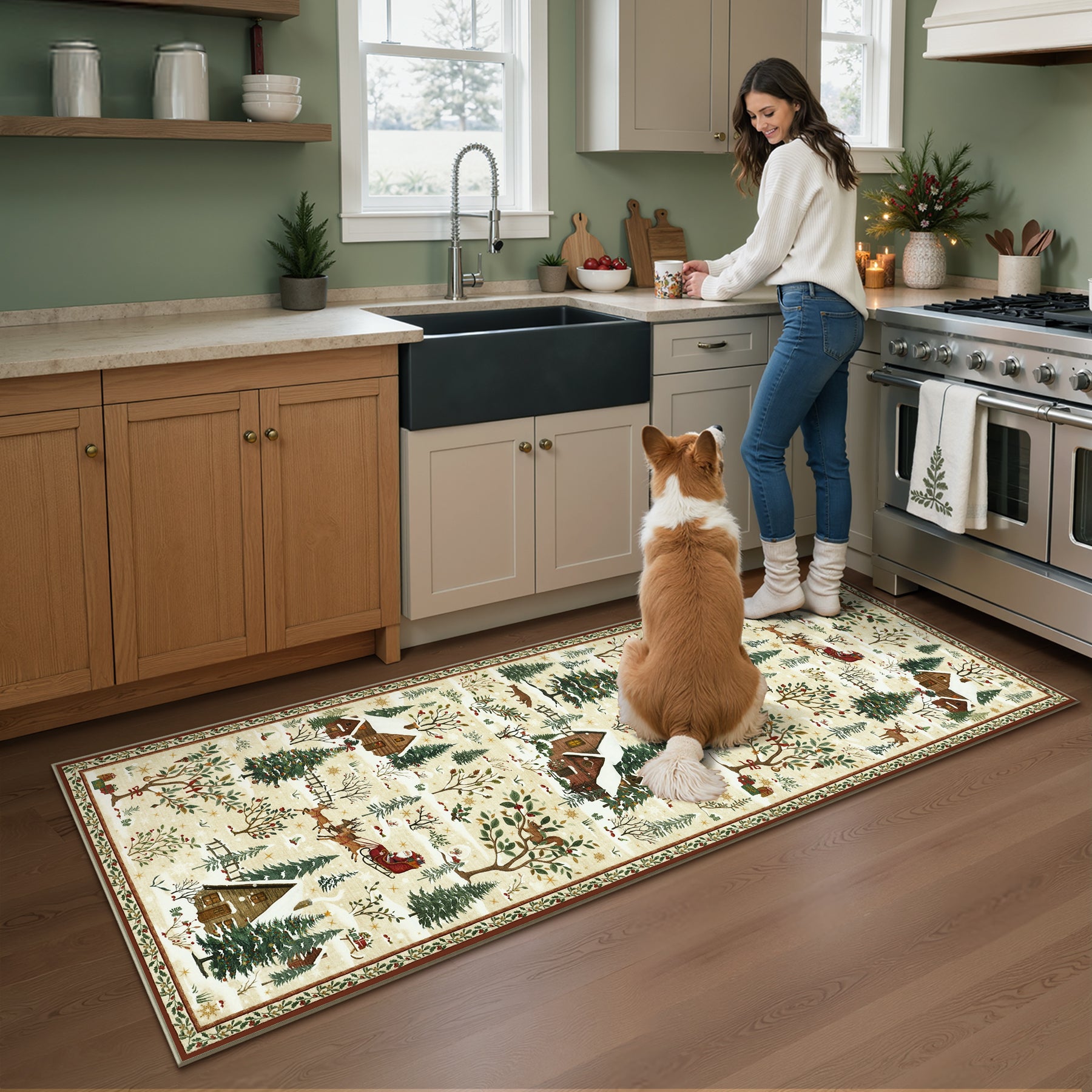 Christmas Snow Forest Washable Area Rug, Soft Holiday Scene Non-Slip Indoor Rug for Living Room Bedroom, Oeko-Tex Certified
