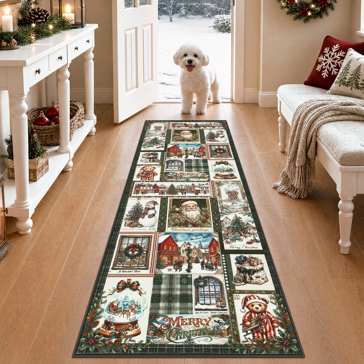 Christmas Vintage Runner Rug, Washable Non-Slip Holiday Kitchen Mat