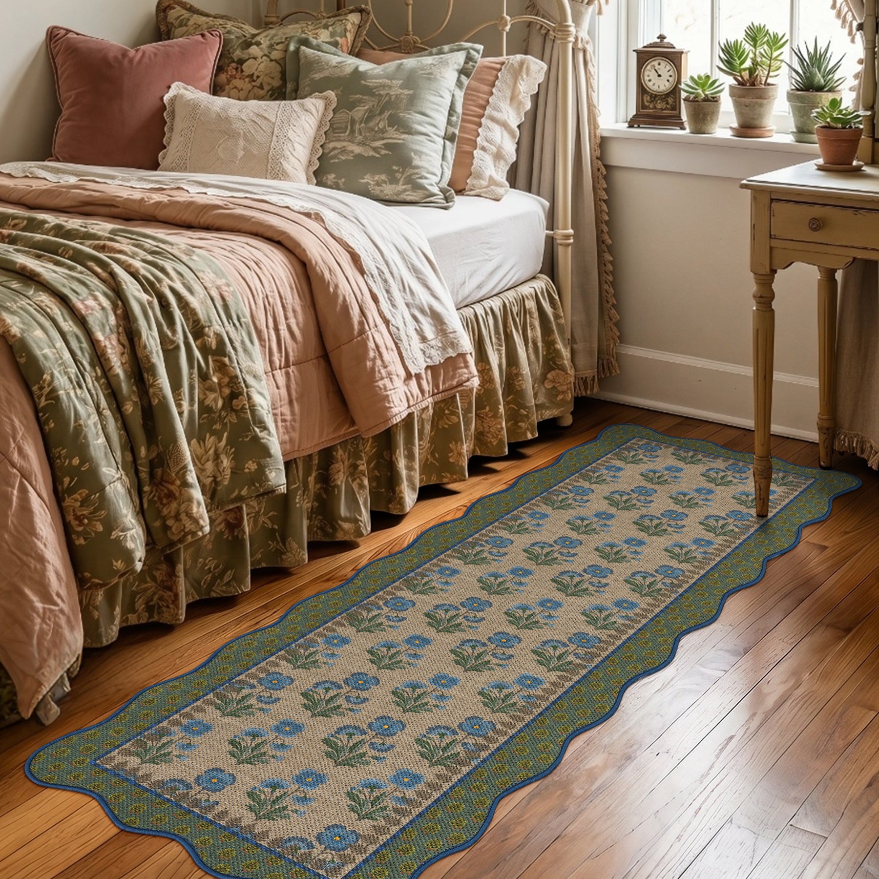 2x6/3x5 Scalloped Floral Easy Jute Washable Area Rug, Farmhouse Soft Low Pile Carpet for Hallway & Entryway, Oeko-Tex Certified