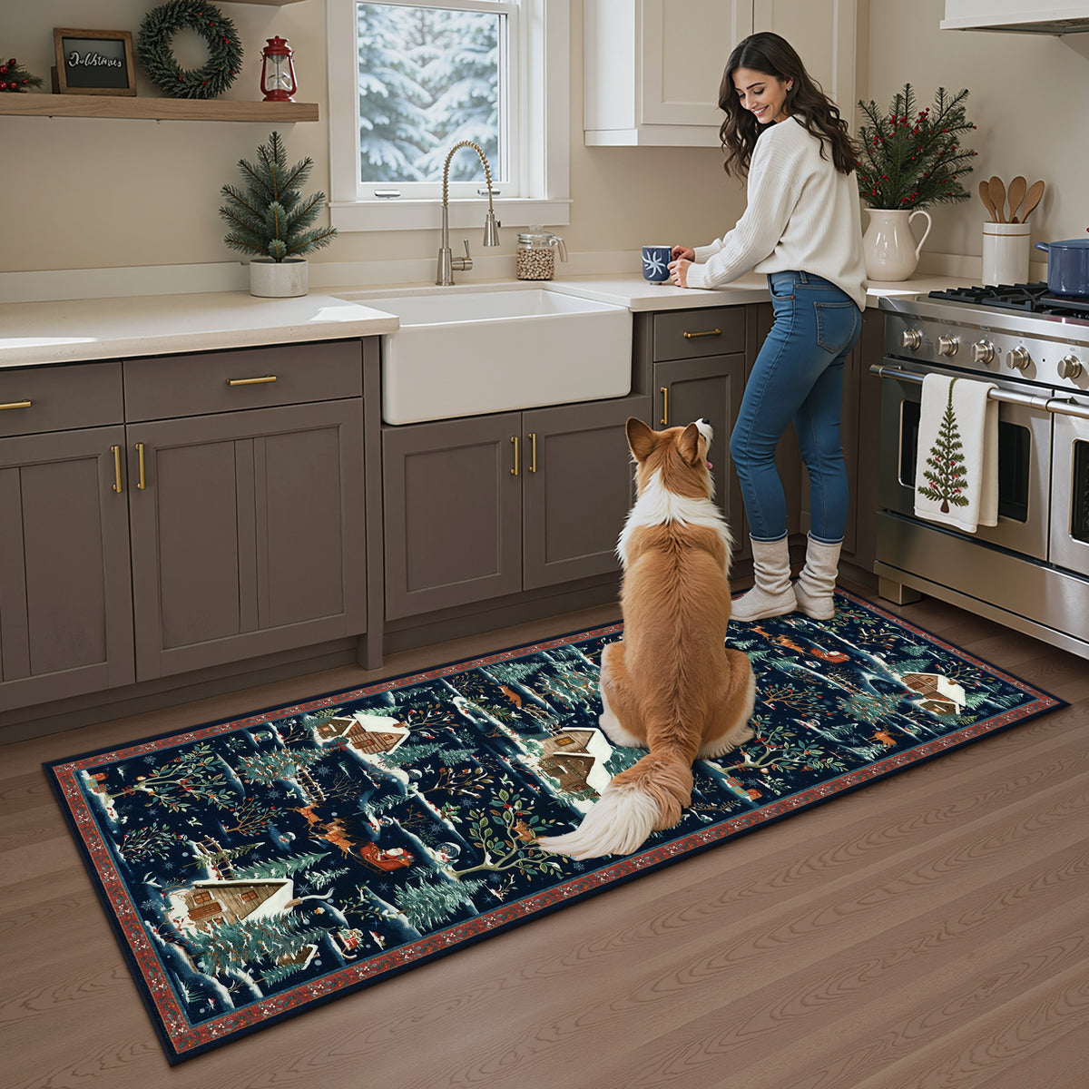 Christmas Snow Forest Washable Area Rug, Soft Holiday Scene Non-Slip Indoor Rug for Living Room Bedroom, Oeko-Tex Certified