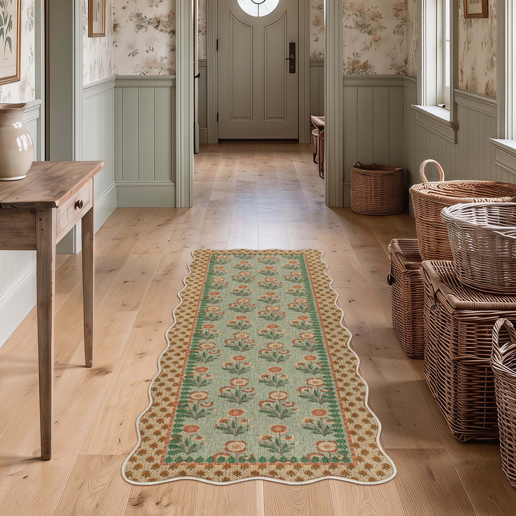 2x6/3x5 Scalloped Floral Easy Jute Washable Area Rug, Farmhouse Soft Low Pile Carpet for Hallway & Entryway, Oeko-Tex Certified