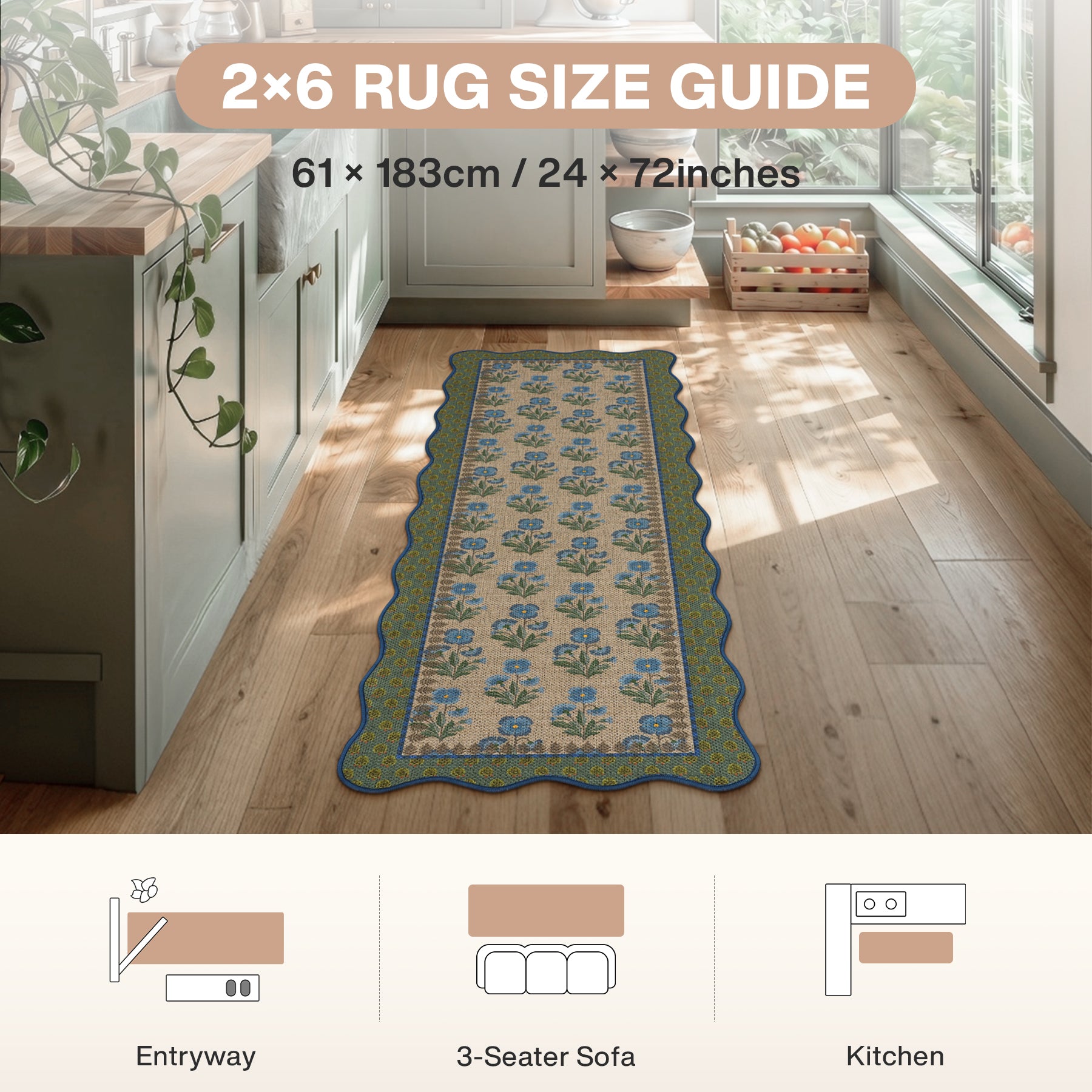 2x6/3x5 Scalloped Floral Easy Jute Washable Area Rug, Farmhouse Soft Low Pile Carpet for Hallway & Entryway, Oeko-Tex Certified