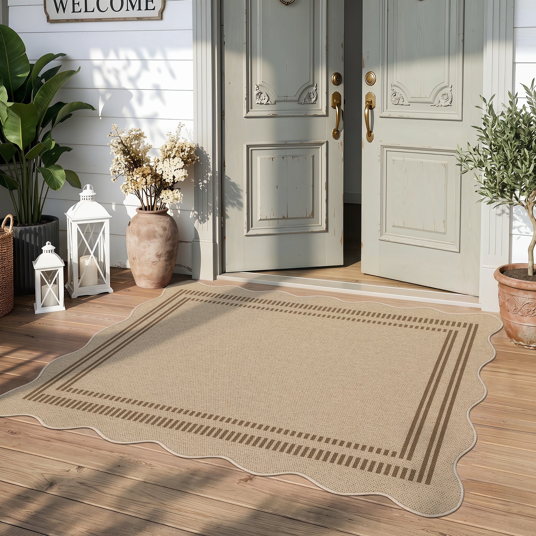 2x6/3x5/5x7 Scalloped Easy Jute Area Rugs, Tan/Checkered Washable Hallway Runner Non Slip Carpet, Oeko-Tex Certified