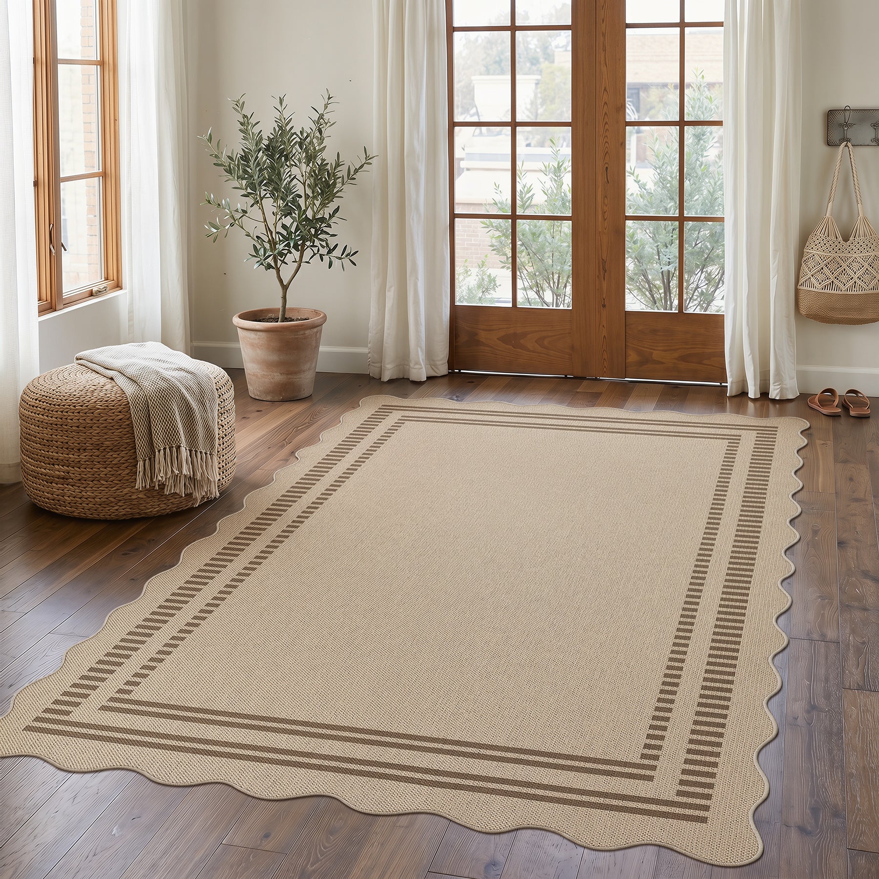 2x6/3x5/5x7 Scalloped Easy Jute Area Rugs, Tan/Checkered Washable Hallway Runner Non Slip Carpet, Oeko-Tex Certified