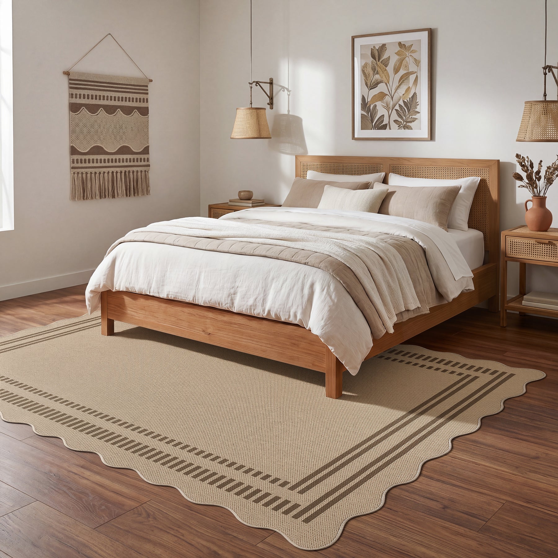 2x6/3x5/5x7 Scalloped Easy Jute Area Rugs, Tan/Checkered Washable Hallway Runner Non Slip Carpet, Oeko-Tex Certified