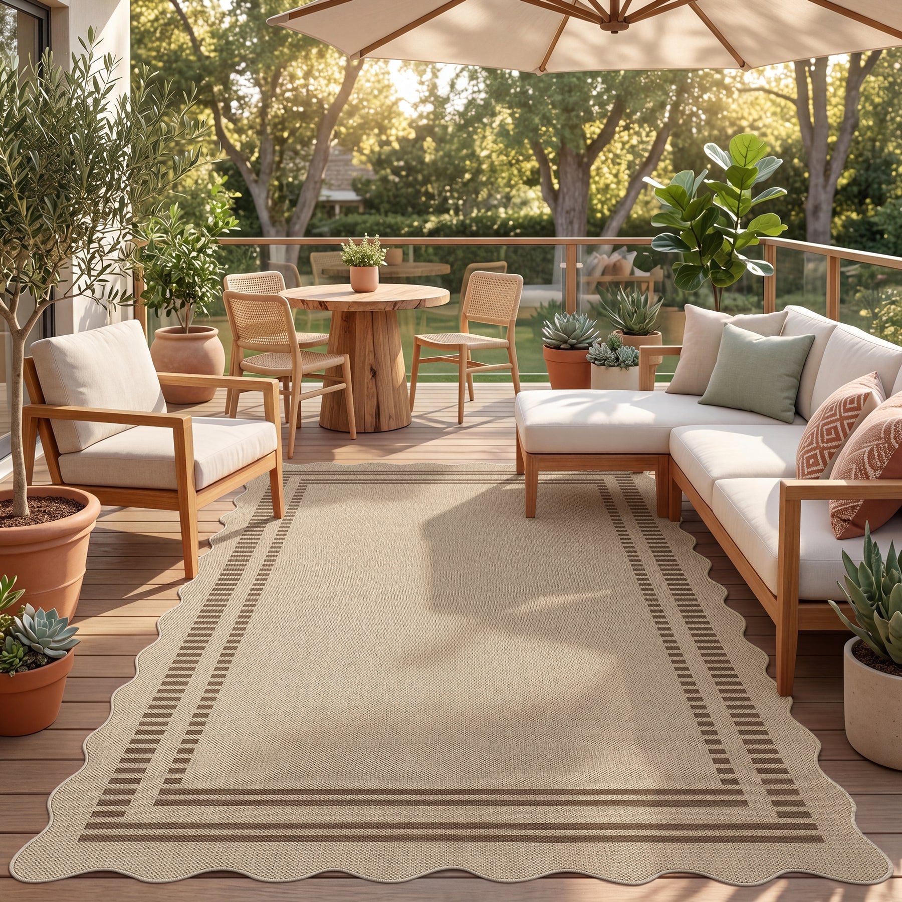2x6/3x5/5x7 Scalloped Easy Jute Area Rugs, Tan/Checkered Washable Hallway Runner Non Slip Carpet, Oeko-Tex Certified