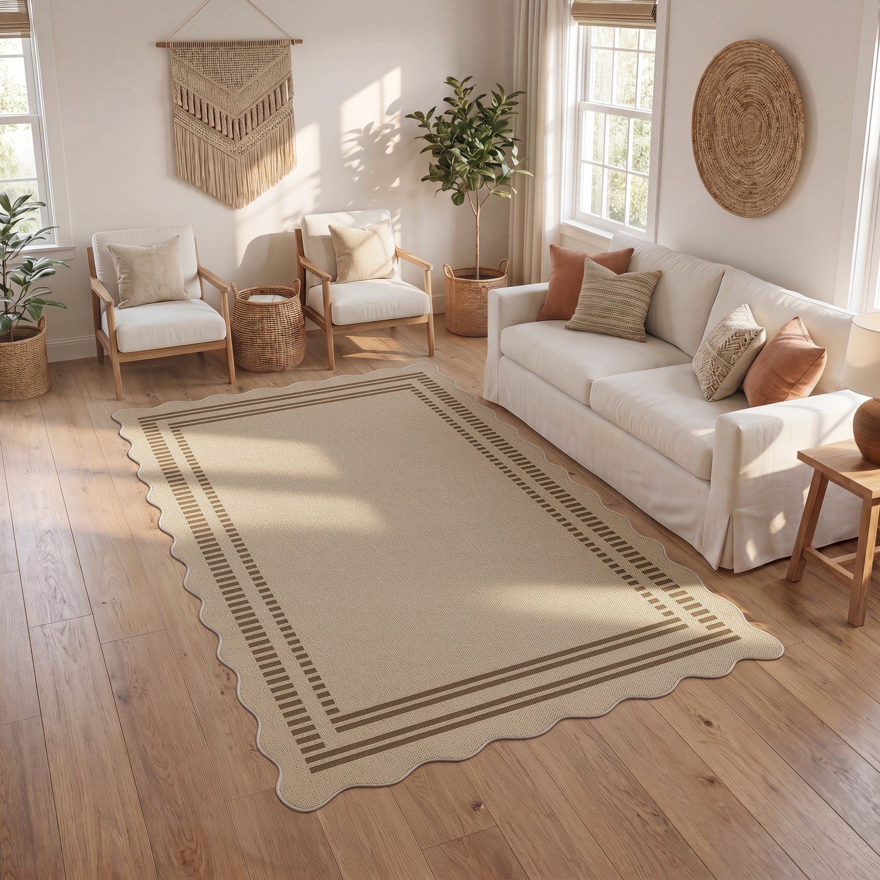 2x6/3x5/5x7 Scalloped Easy Jute Area Rugs, Tan/Checkered Washable Hallway Runner Non Slip Carpet, Oeko-Tex Certified