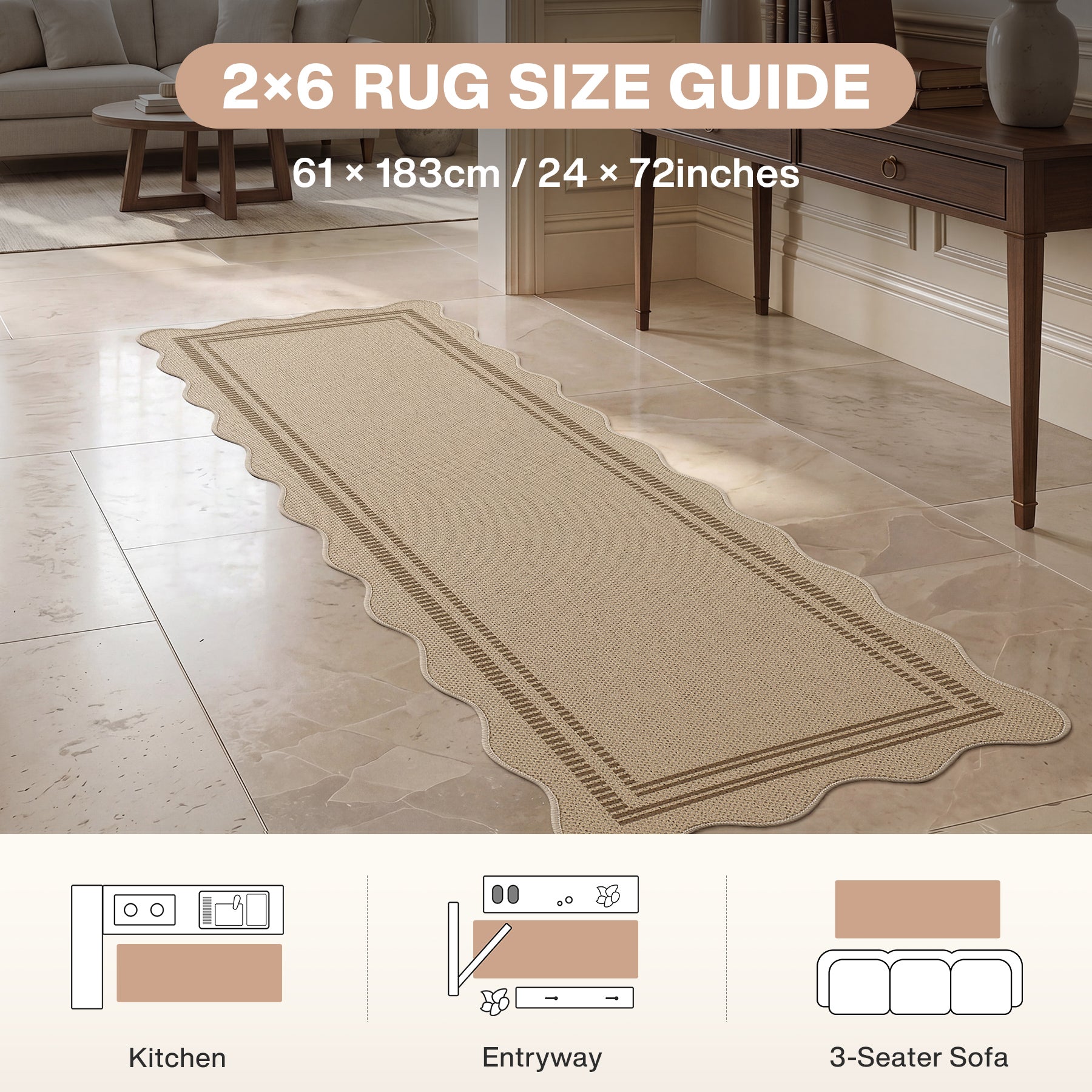 2x6/3x5/5x7 Scalloped Easy Jute Area Rugs, Tan/Checkered Washable Hallway Runner Non Slip Carpet, Oeko-Tex Certified