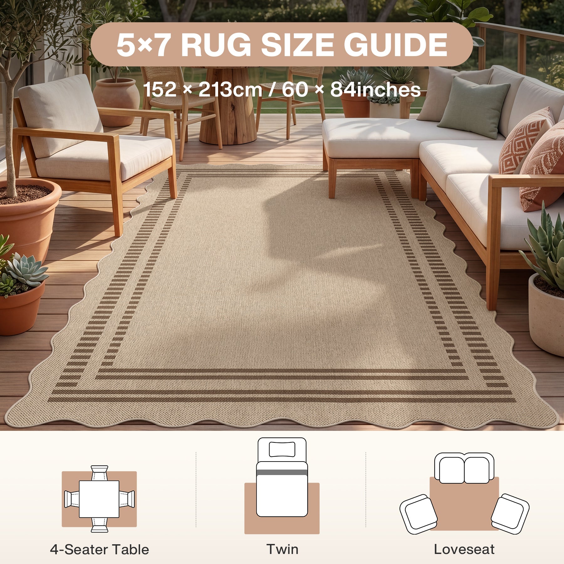 2x6/3x5/5x7 Scalloped Easy Jute Area Rugs, Tan/Checkered Washable Hallway Runner Non Slip Carpet, Oeko-Tex Certified