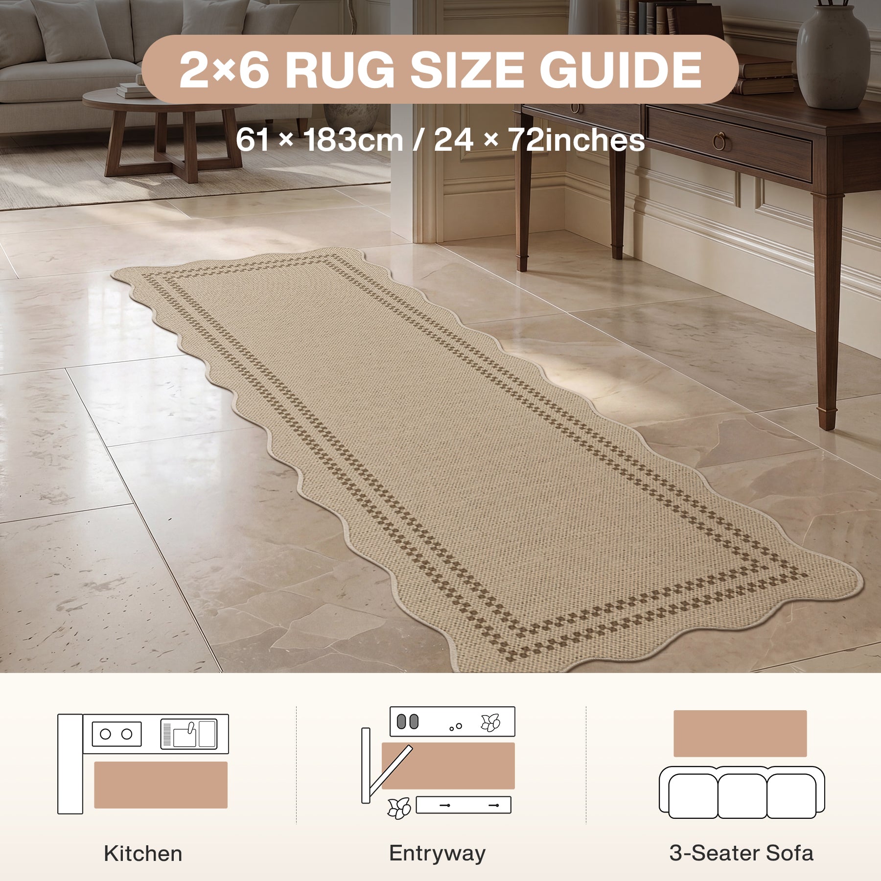 2x6/3x5/5x7 Scalloped Easy Jute Area Rugs, Tan/Checkered Washable Hallway Runner Non Slip Carpet, Oeko-Tex Certified