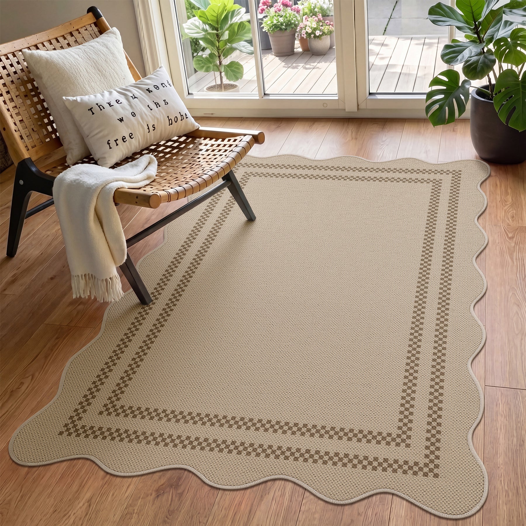 2x6/3x5/5x7 Scalloped Easy Jute Area Rugs, Tan/Checkered Washable Hallway Runner Non Slip Carpet, Oeko-Tex Certified