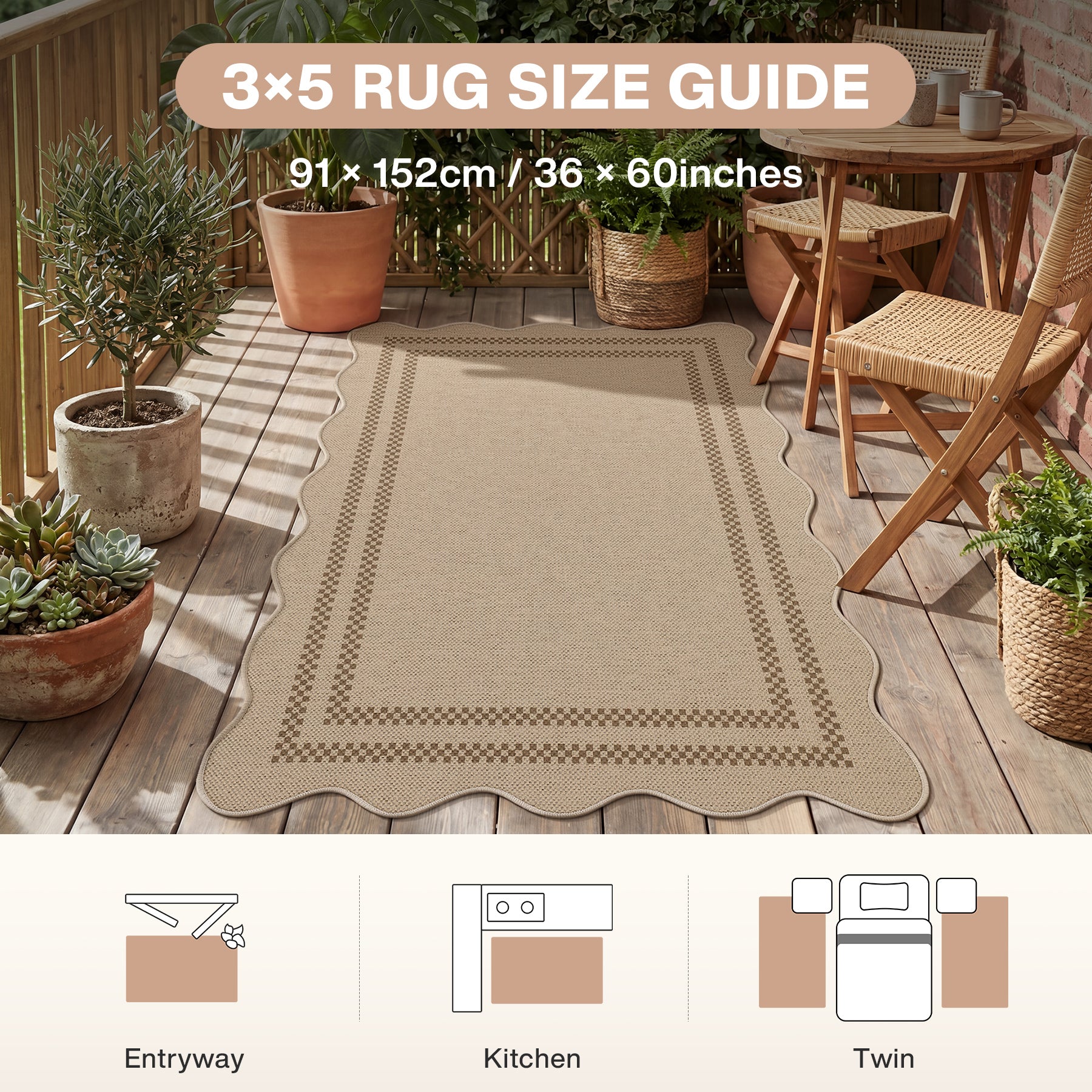 2x6/3x5/5x7 Scalloped Easy Jute Area Rugs, Tan/Checkered Washable Hallway Runner Non Slip Carpet, Oeko-Tex Certified