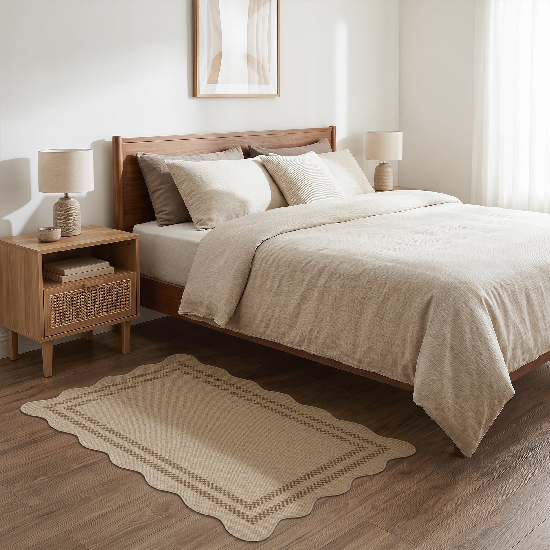 2x6/3x5/5x7 Scalloped Easy Jute Area Rugs, Tan/Checkered Washable Hallway Runner Non Slip Carpet, Oeko-Tex Certified