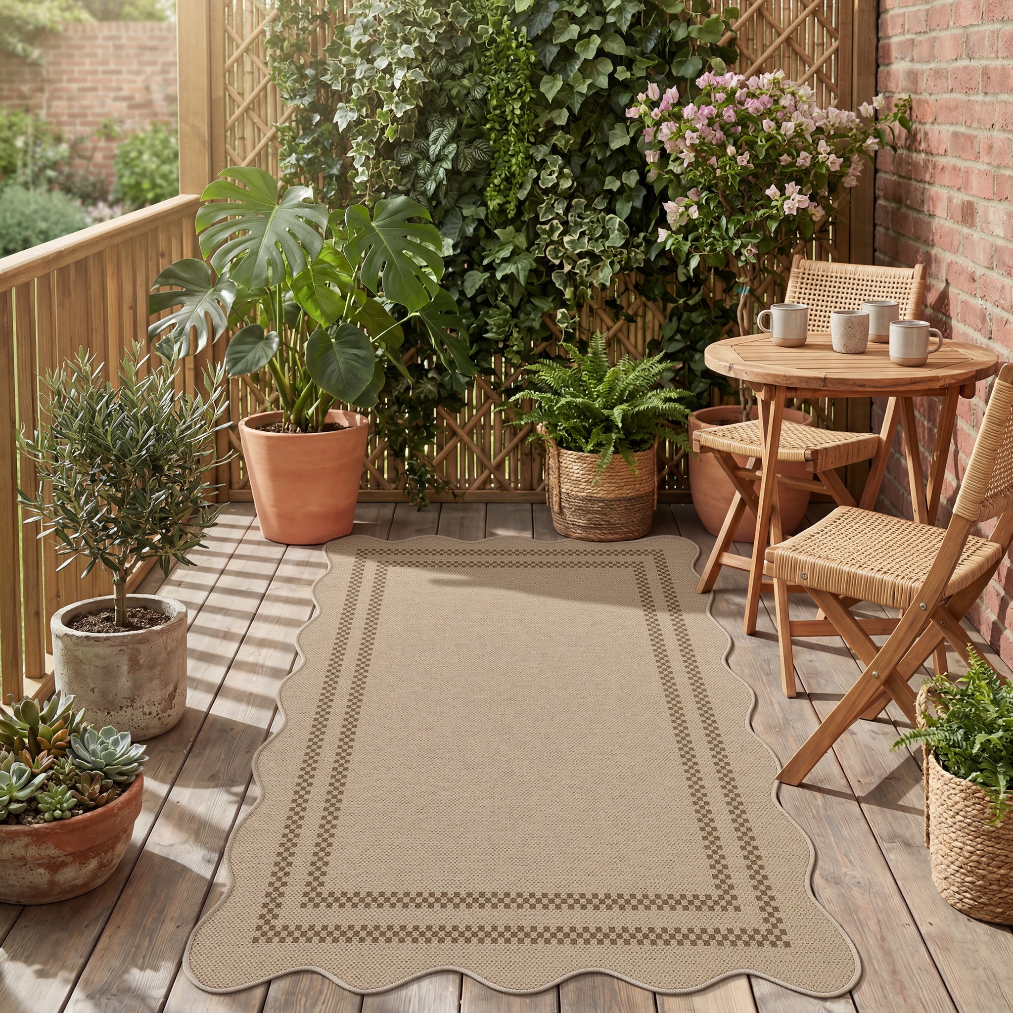 2x6/3x5/5x7 Scalloped Easy Jute Area Rugs, Tan/Checkered Washable Hallway Runner Non Slip Carpet, Oeko-Tex Certified