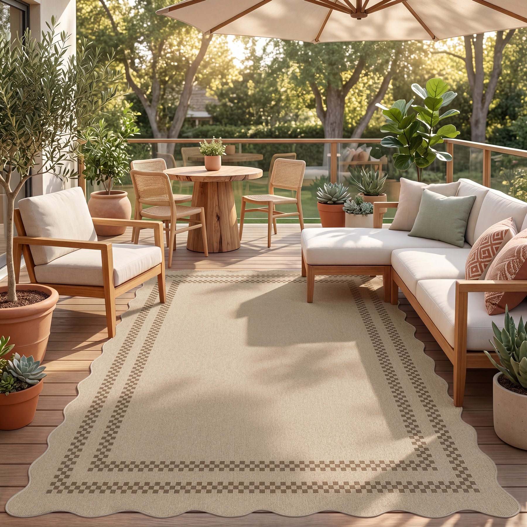 2x6/3x5/5x7 Scalloped Easy Jute Area Rugs, Tan/Checkered Washable Hallway Runner Non Slip Carpet, Oeko-Tex Certified