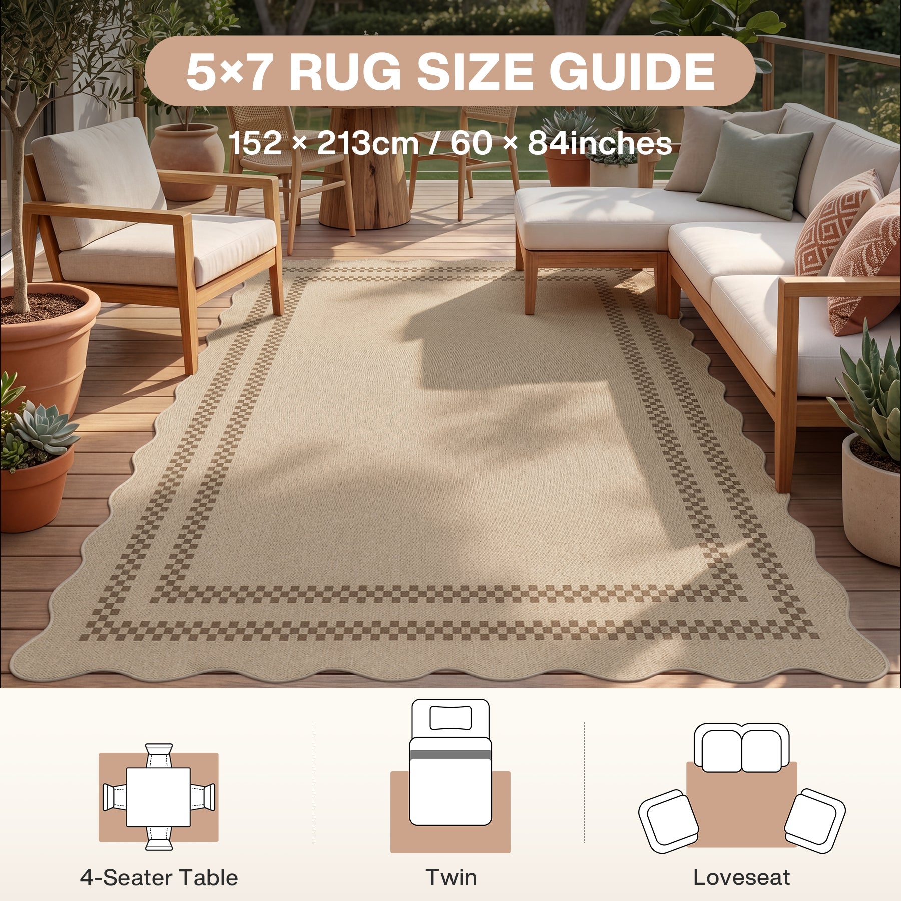 2x6/3x5/5x7 Scalloped Easy Jute Area Rugs, Tan/Checkered Washable Hallway Runner Non Slip Carpet, Oeko-Tex Certified