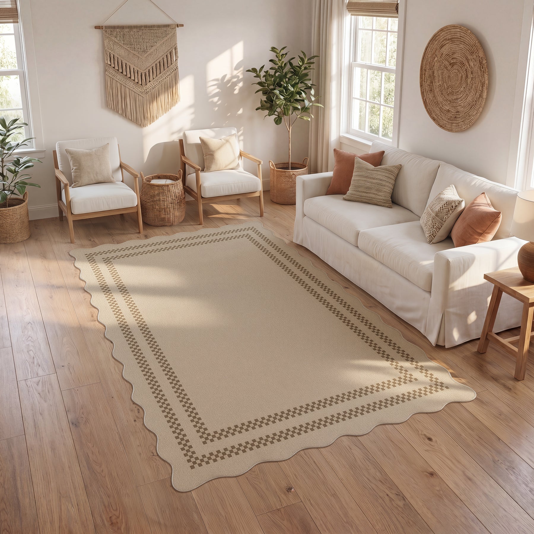 2x6/3x5/5x7 Scalloped Easy Jute Area Rugs, Tan/Checkered Washable Hallway Runner Non Slip Carpet, Oeko-Tex Certified