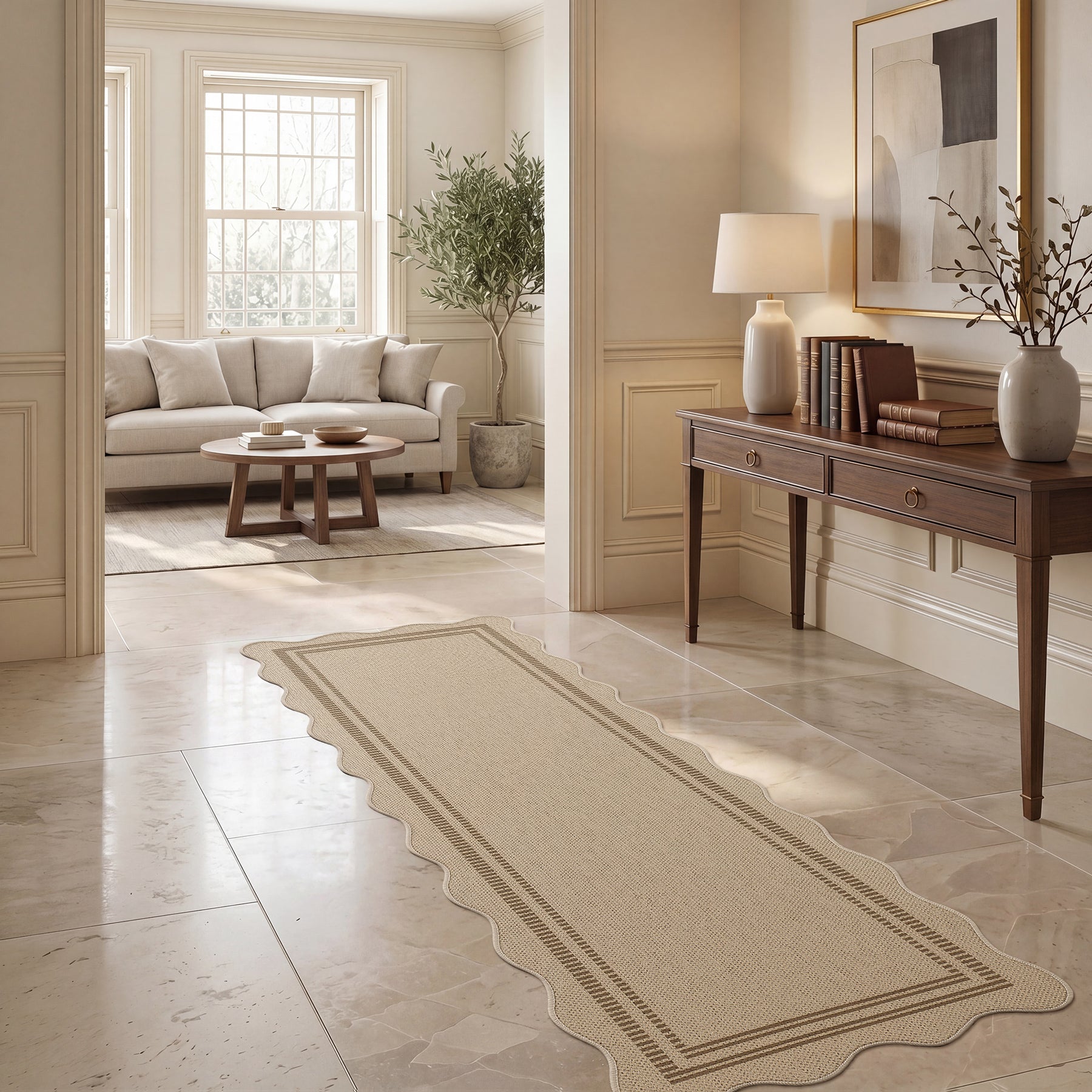 2x6/3x5/5x7 Scalloped Easy Jute Area Rugs, Tan/Checkered Washable Hallway Runner Non Slip Carpet, Oeko-Tex Certified