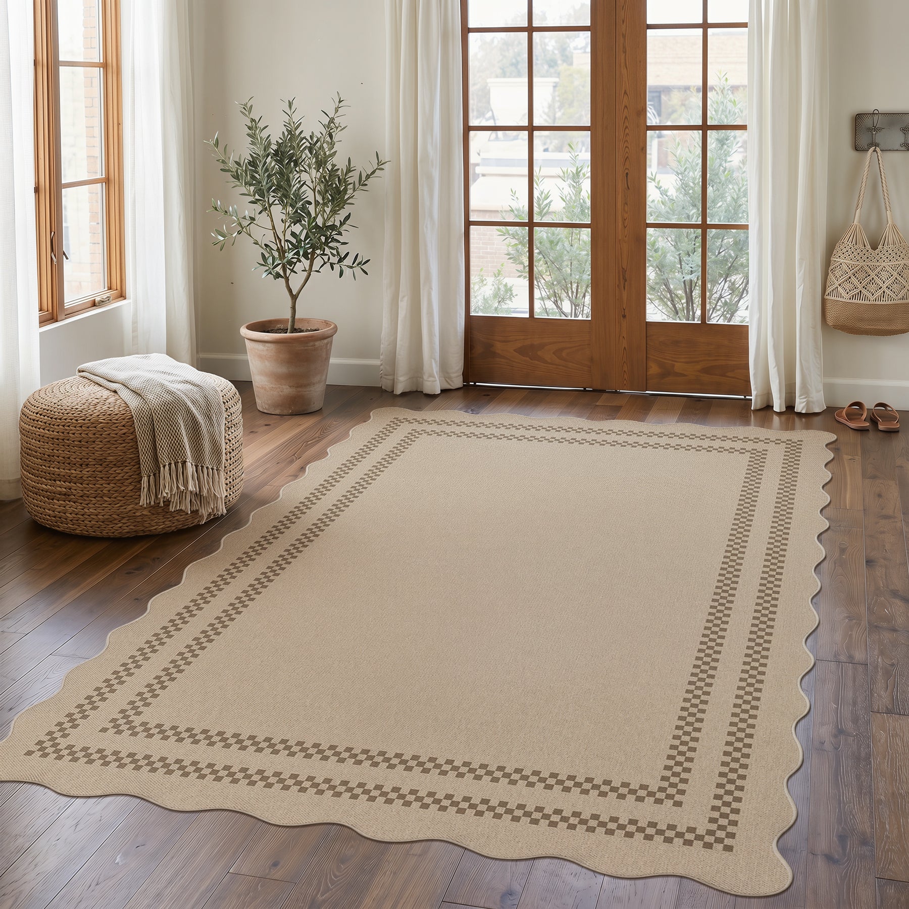 2x6/3x5/5x7 Scalloped Easy Jute Area Rugs, Tan/Checkered Washable Hallway Runner Non Slip Carpet, Oeko-Tex Certified