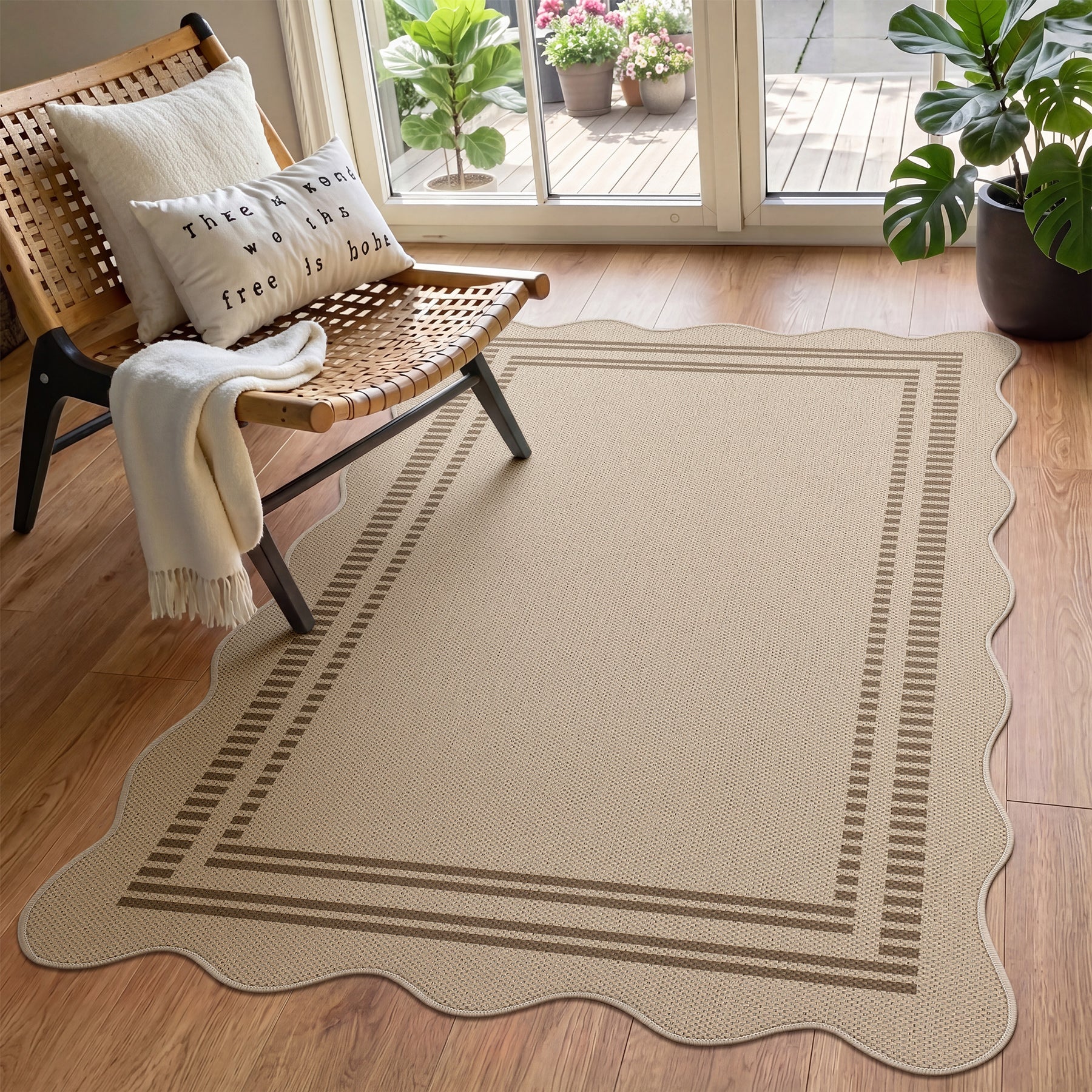 2x6/3x5/5x7 Scalloped Easy Jute Area Rugs, Tan/Checkered Washable Hallway Runner Non Slip Carpet, Oeko-Tex Certified