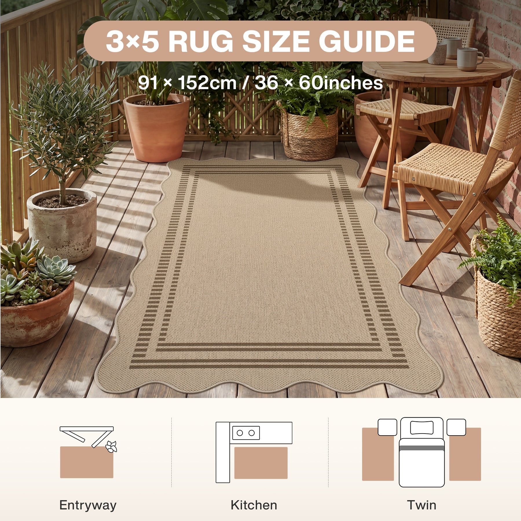 2x6/3x5/5x7 Scalloped Easy Jute Area Rugs, Tan/Checkered Washable Hallway Runner Non Slip Carpet, Oeko-Tex Certified