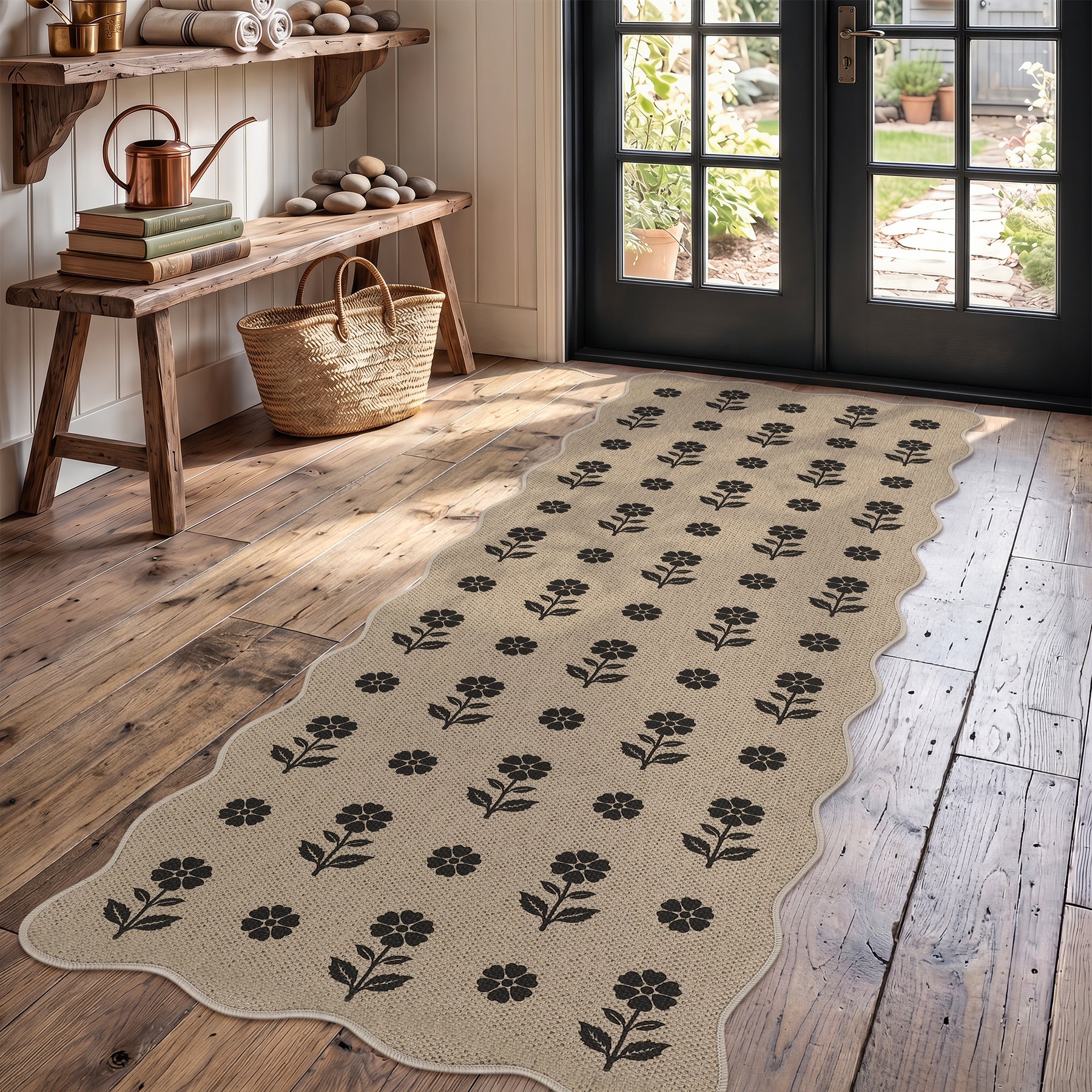 2x6/3x5 Floral Easy Jute Hallway Runner Rug, Scalloped Kitchen Runner Rug Non Skid Washable Indoor Carpet, Oeko-Tex Certified