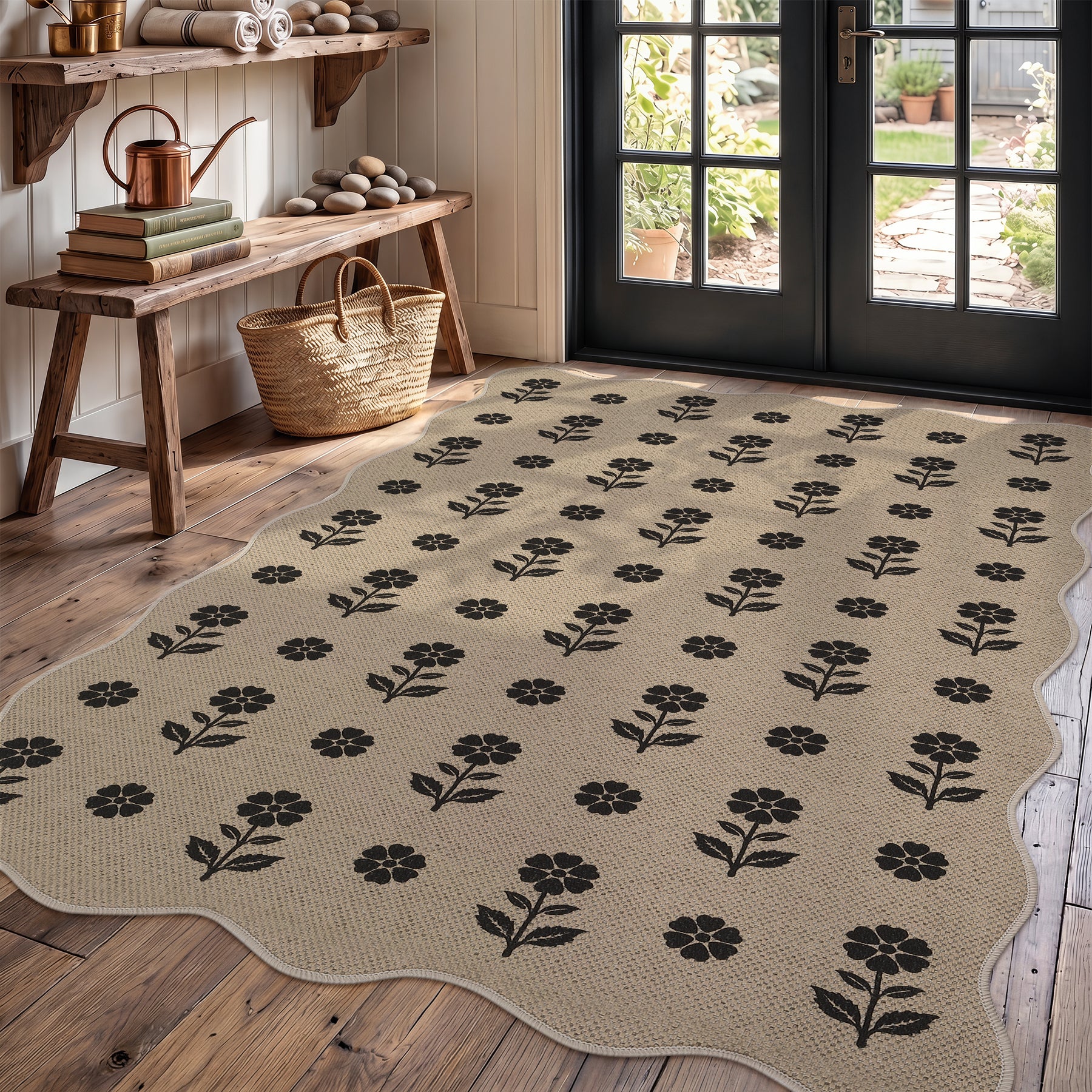 2x6/3x5 Floral Easy Jute Hallway Runner Rug, Scalloped Kitchen Runner Rug Non Skid Washable Indoor Carpet, Oeko-Tex Certified
