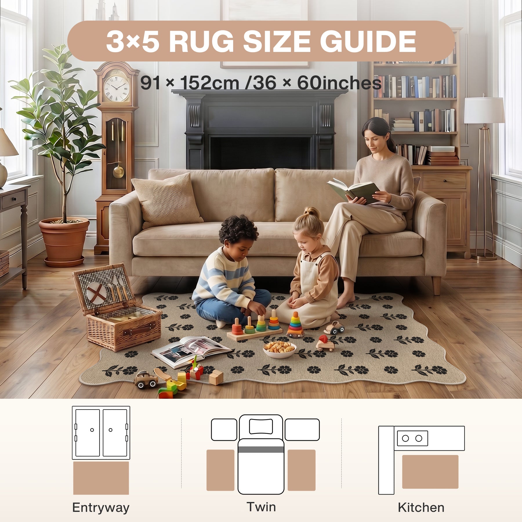 2x6/3x5 Floral Easy Jute Hallway Runner Rug, Scalloped Kitchen Runner Rug Non Skid Washable Indoor Carpet, Oeko-Tex Certified