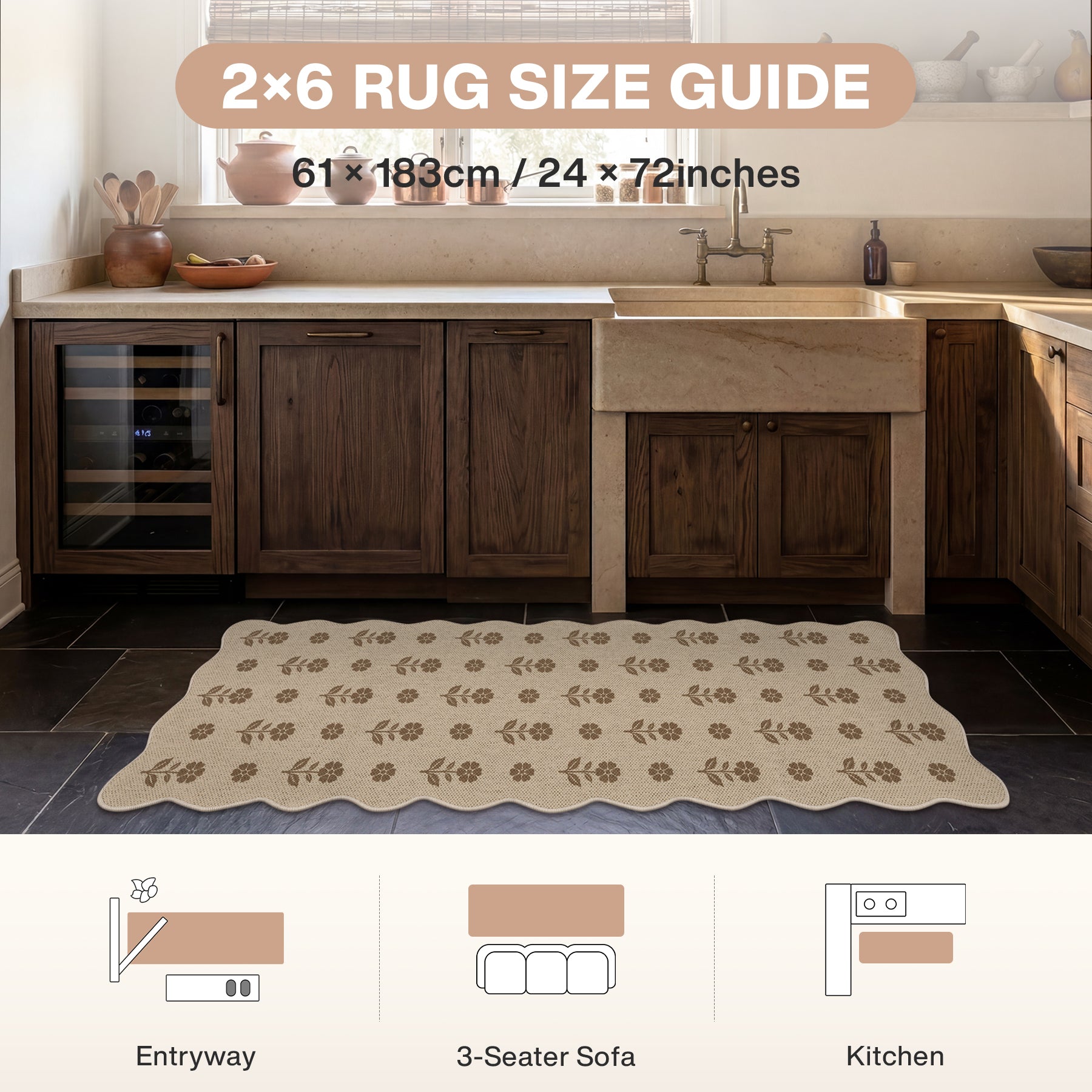 2x6/3x5 Floral Easy Jute Hallway Runner Rug, Scalloped Kitchen Runner Rug Non Skid Washable Indoor Carpet, Oeko-Tex Certified