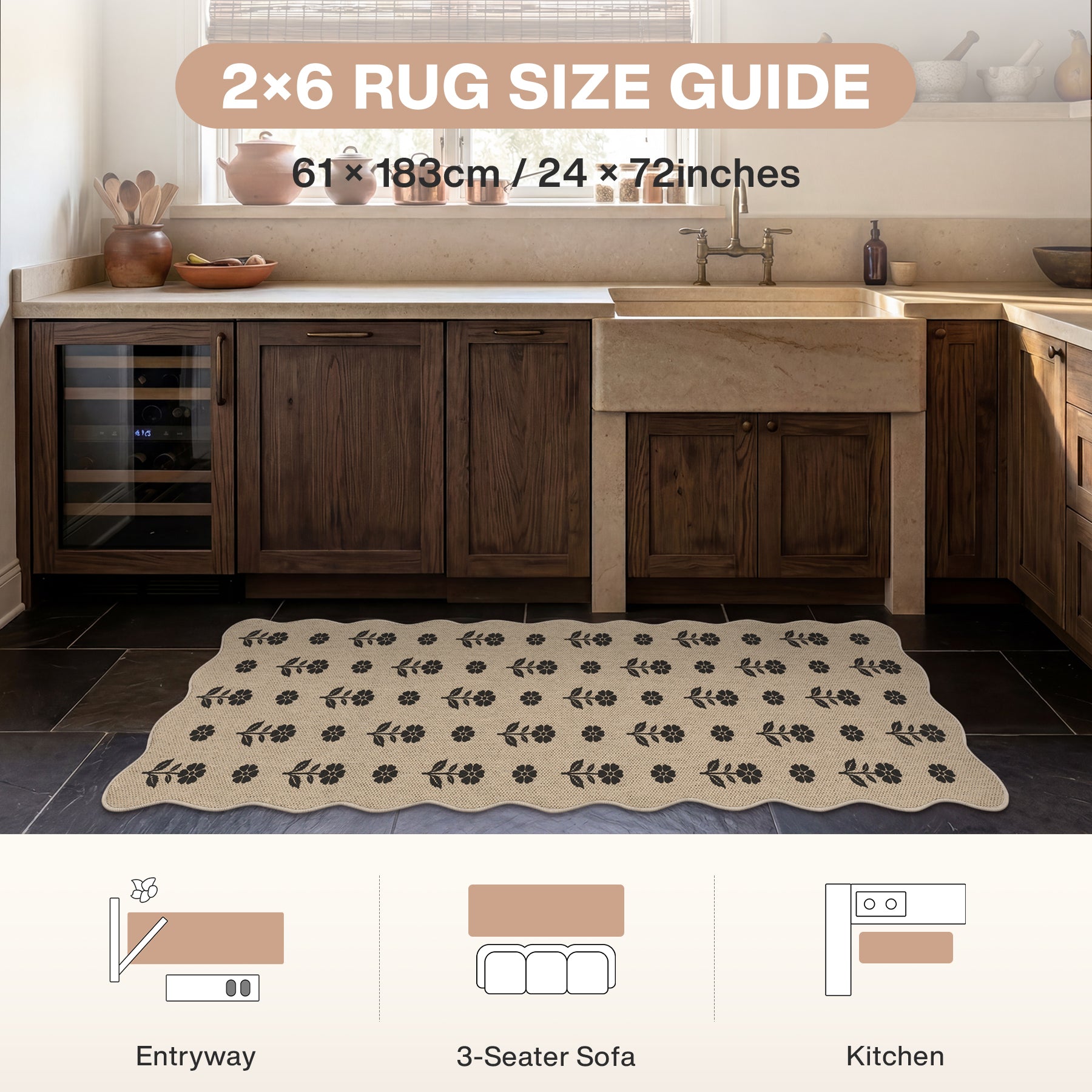 2x6/3x5 Floral Easy Jute Hallway Runner Rug, Scalloped Kitchen Runner Rug Non Skid Washable Indoor Carpet, Oeko-Tex Certified