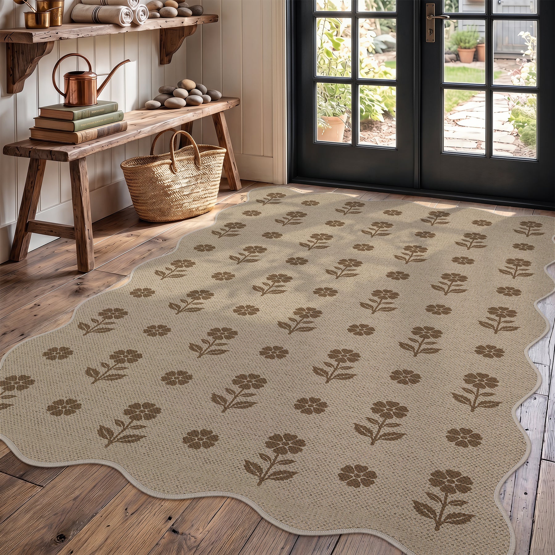 2x6/3x5 Floral Easy Jute Hallway Runner Rug, Scalloped Kitchen Runner Rug Non Skid Washable Indoor Carpet, Oeko-Tex Certified