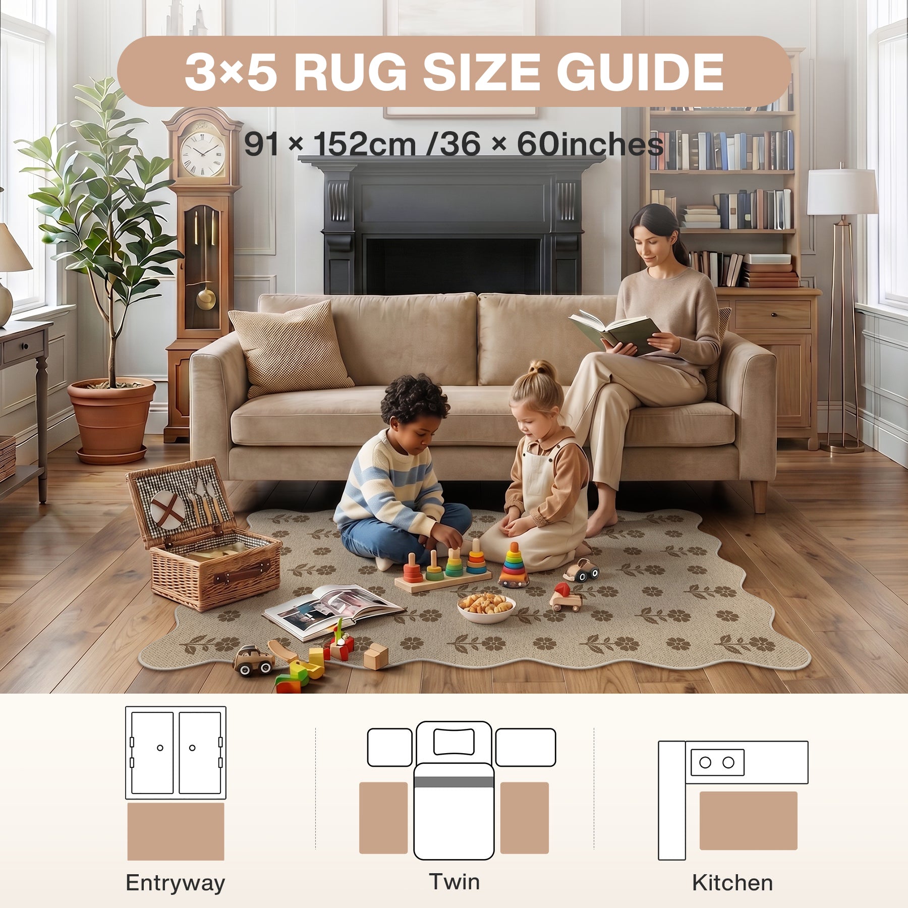 2x6/3x5 Floral Easy Jute Hallway Runner Rug, Scalloped Kitchen Runner Rug Non Skid Washable Indoor Carpet, Oeko-Tex Certified