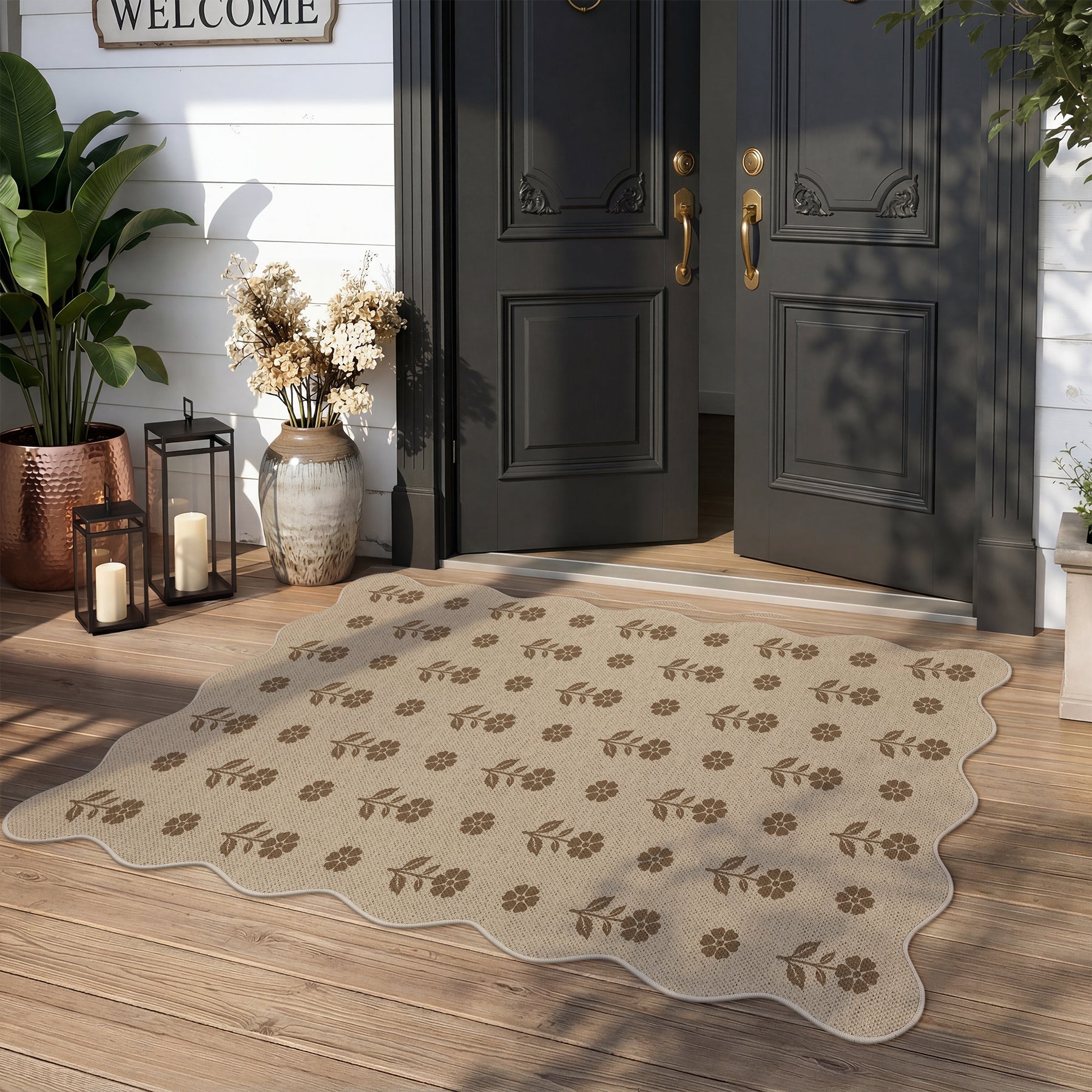 2x6/3x5 Floral Easy Jute Hallway Runner Rug, Scalloped Kitchen Runner Rug Non Skid Washable Indoor Carpet, Oeko-Tex Certified