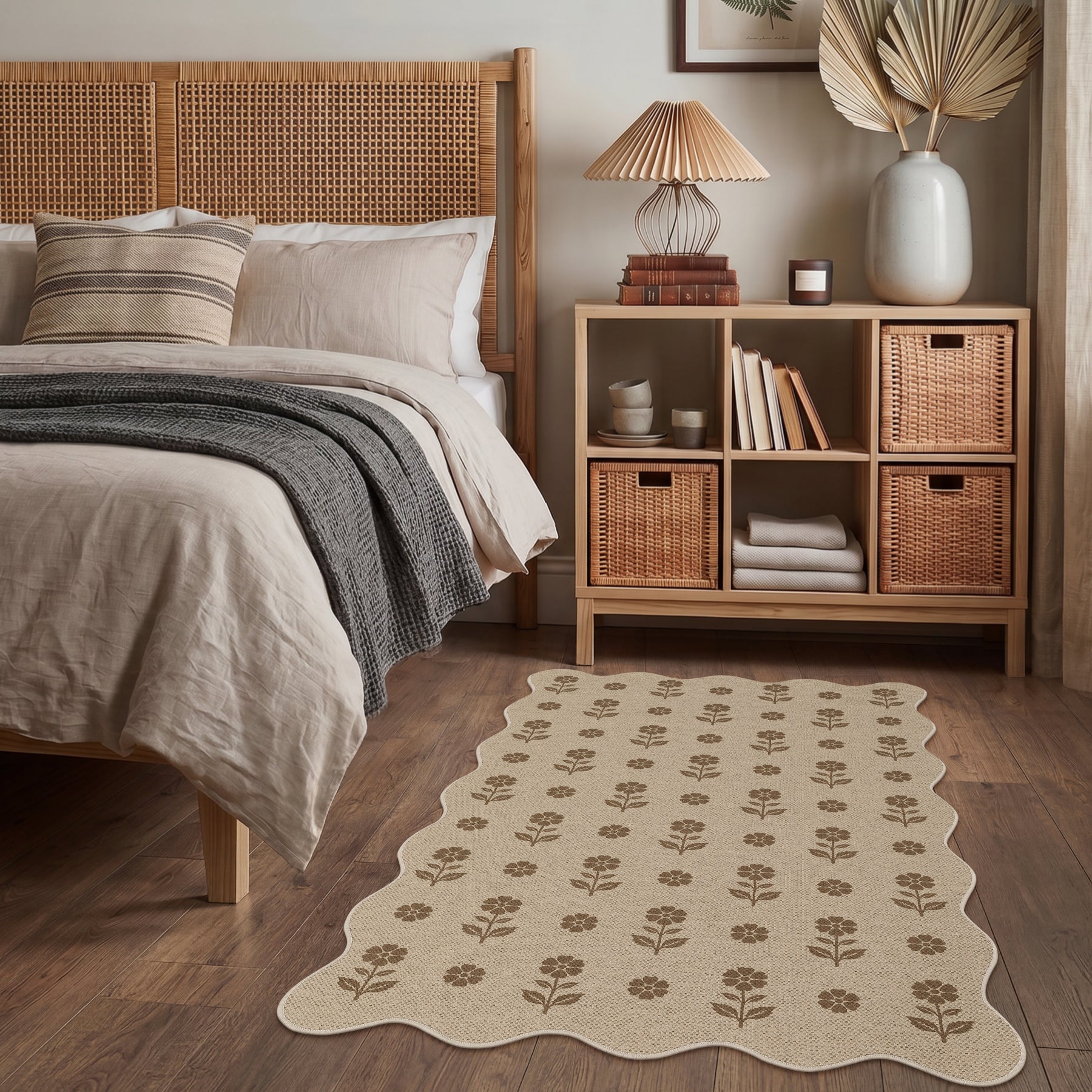 2x6/3x5 Floral Easy Jute Hallway Runner Rug, Scalloped Kitchen Runner Rug Non Skid Washable Indoor Carpet, Oeko-Tex Certified
