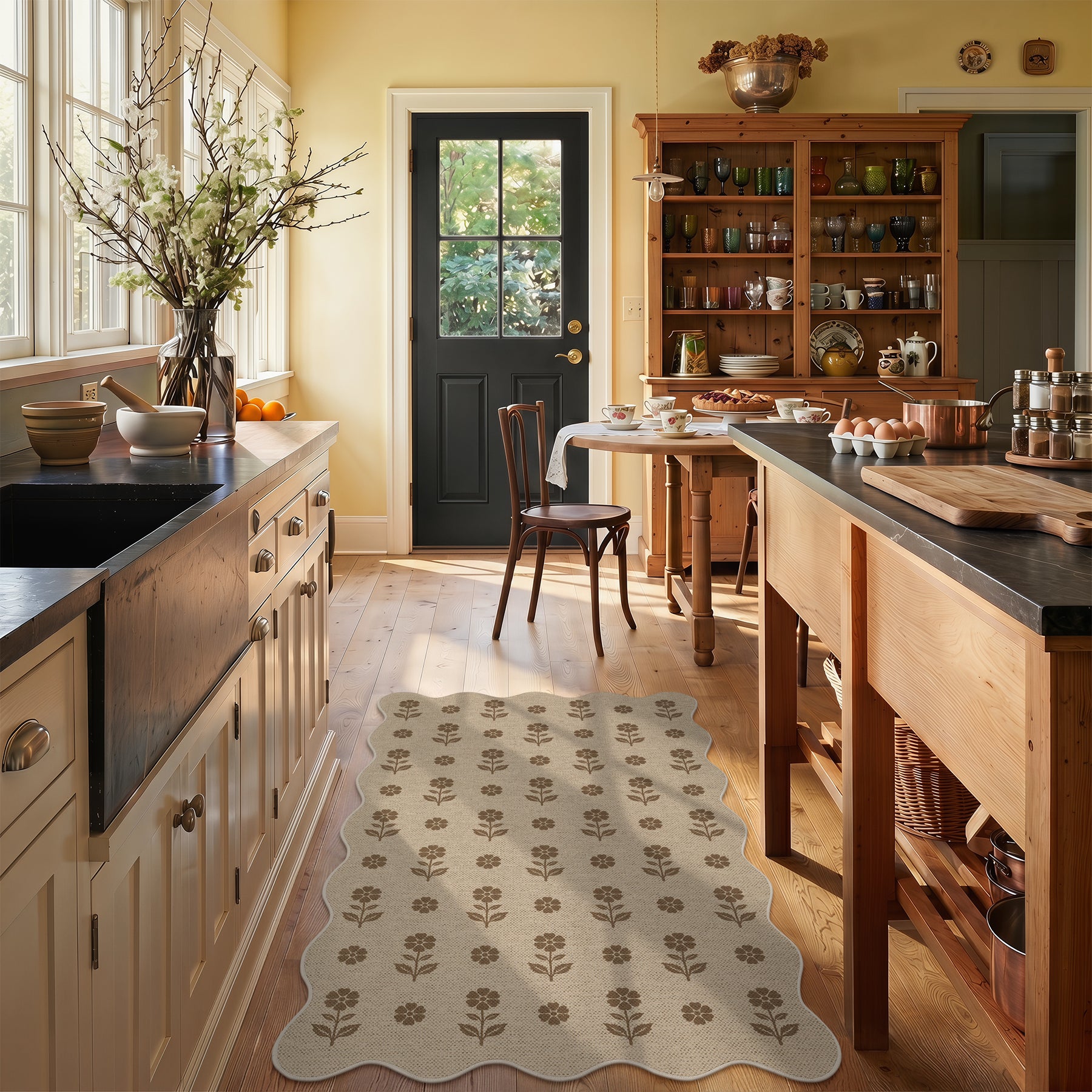 2x6/3x5 Floral Easy Jute Hallway Runner Rug, Scalloped Kitchen Runner Rug Non Skid Washable Indoor Carpet, Oeko-Tex Certified