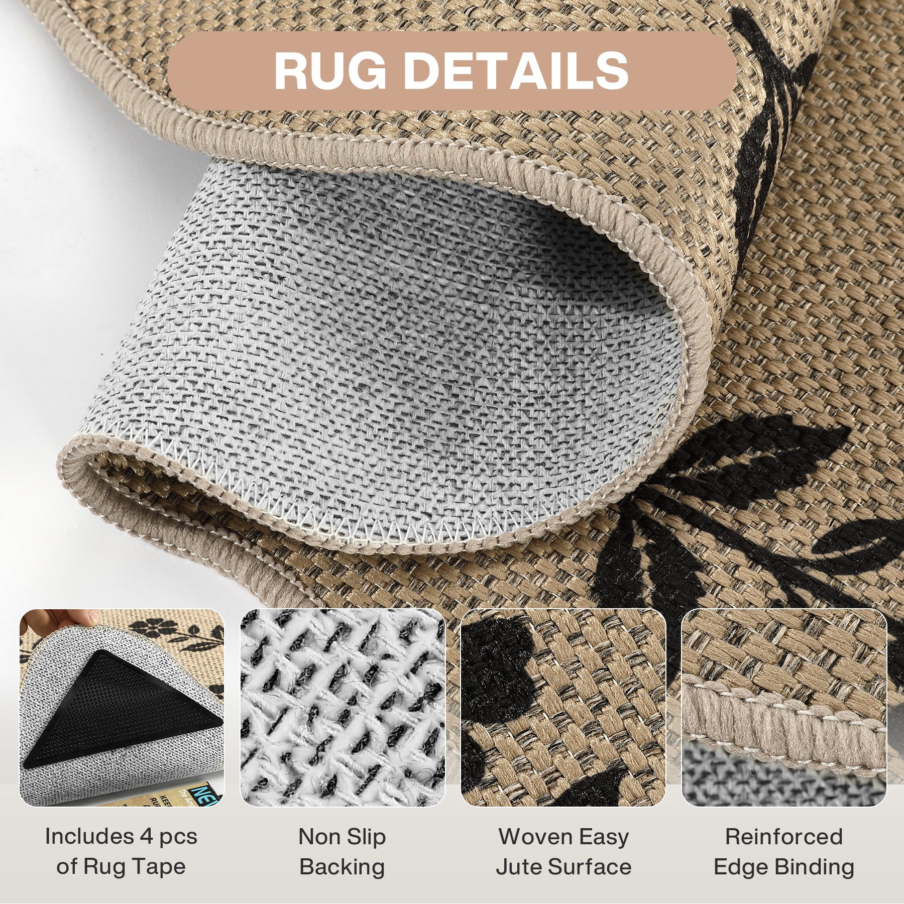 2x6/3x5 Floral Easy Jute Hallway Runner Rug
