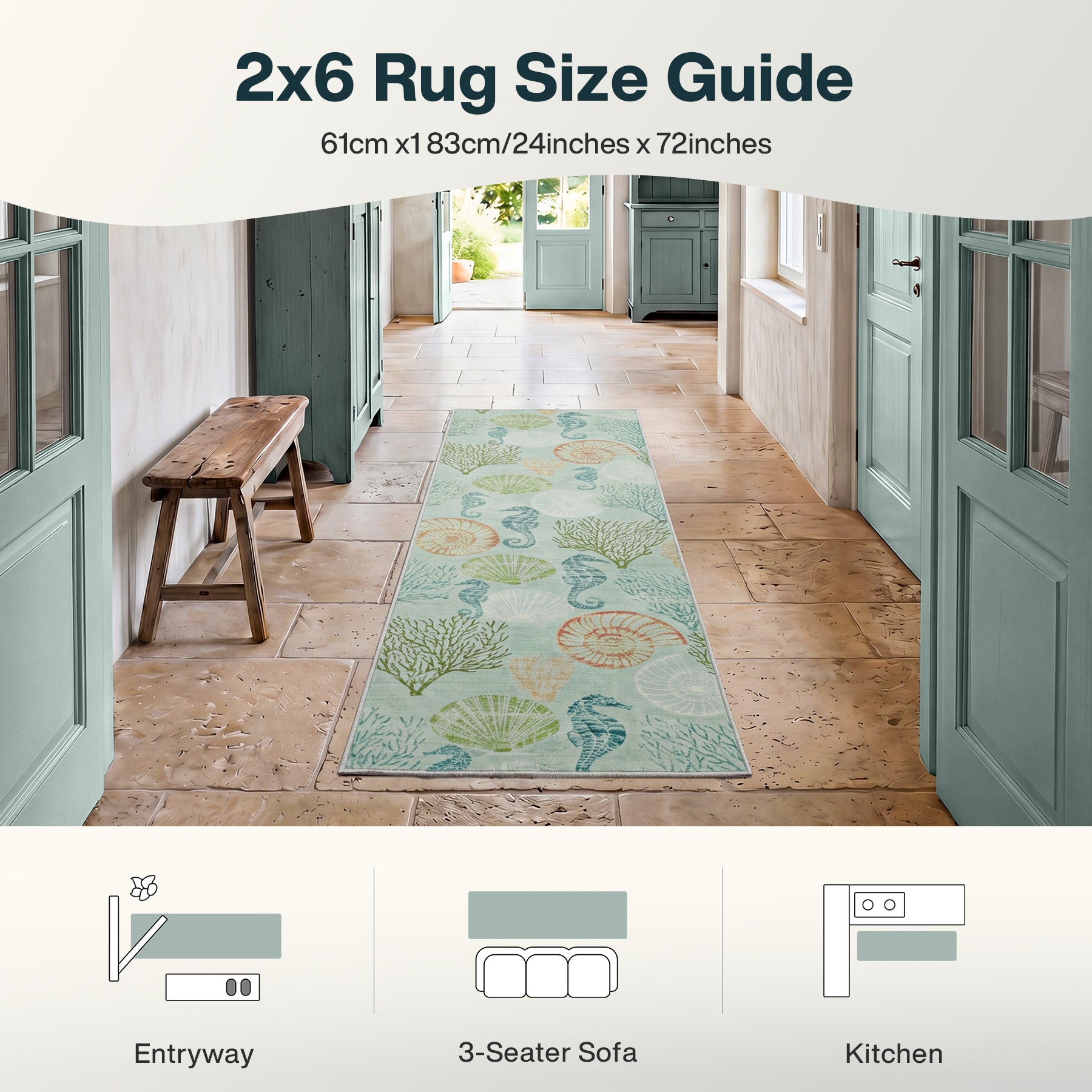 2x6/5x7/8x10 Boho Coastal Area Rug, Washable Non Slip Animal Indoor Carpet for Living room Bedroom, Oeko-Tex Certified