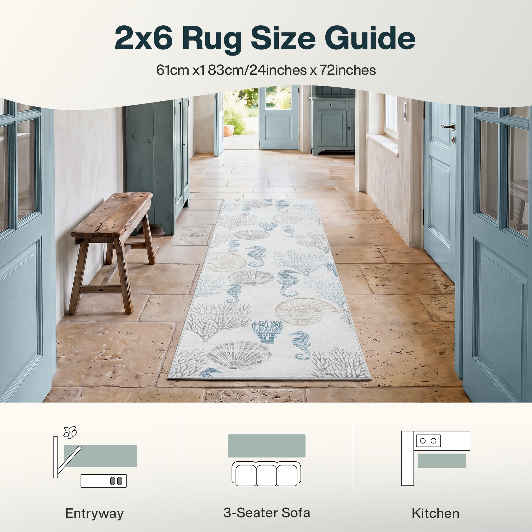 2x6/5x7/8x10 Boho Coastal Area Rug, Washable Non Slip Animal Indoor Carpet for Living room Bedroom, Oeko-Tex Certified