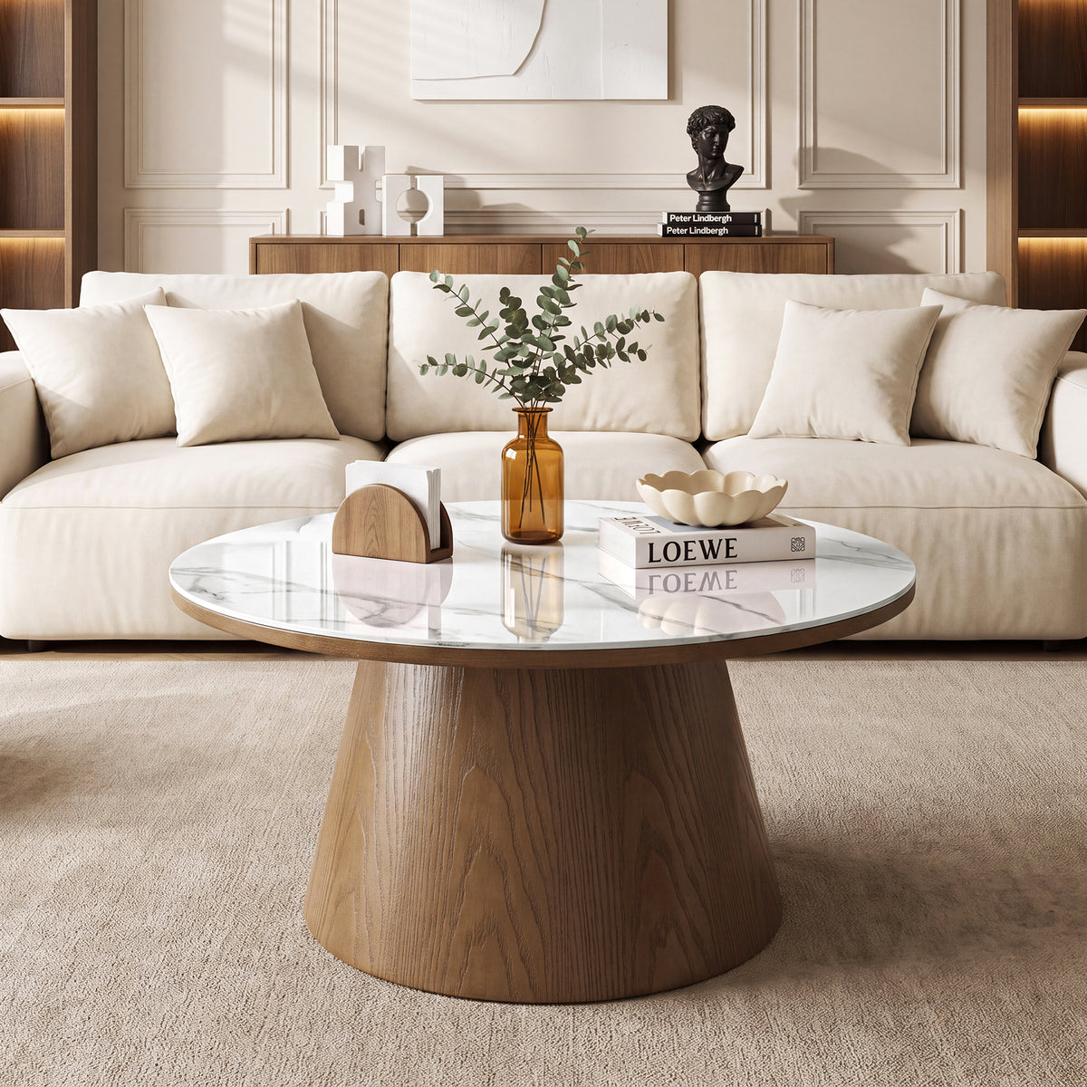 32" Round Coffee Table with Sintered Stone Top, Sculptural Solid Wood Pedestal Base