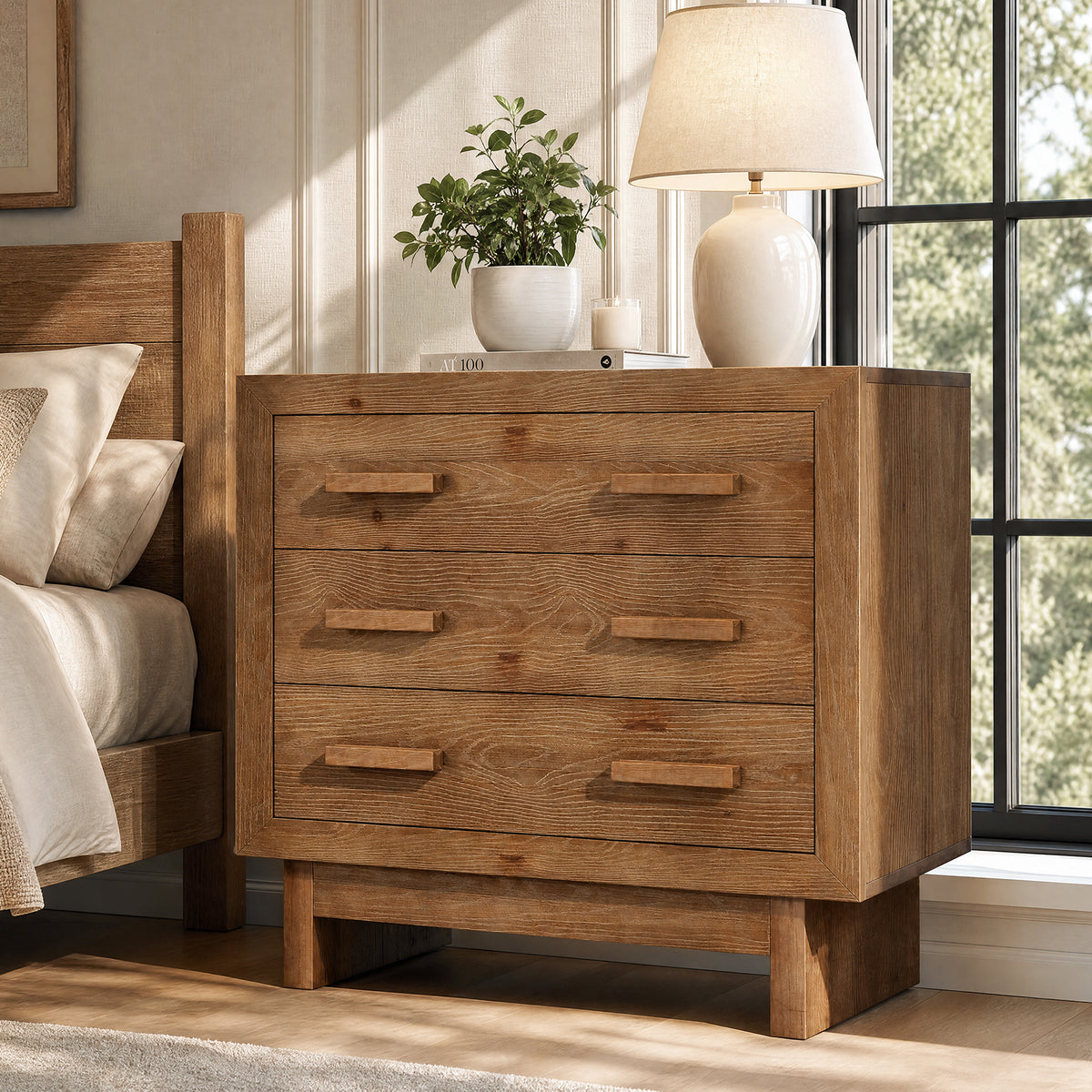 31.5” Solid Wood Nightstand, Oversized Bedside Table with 3 Large Drawers for Bedroom