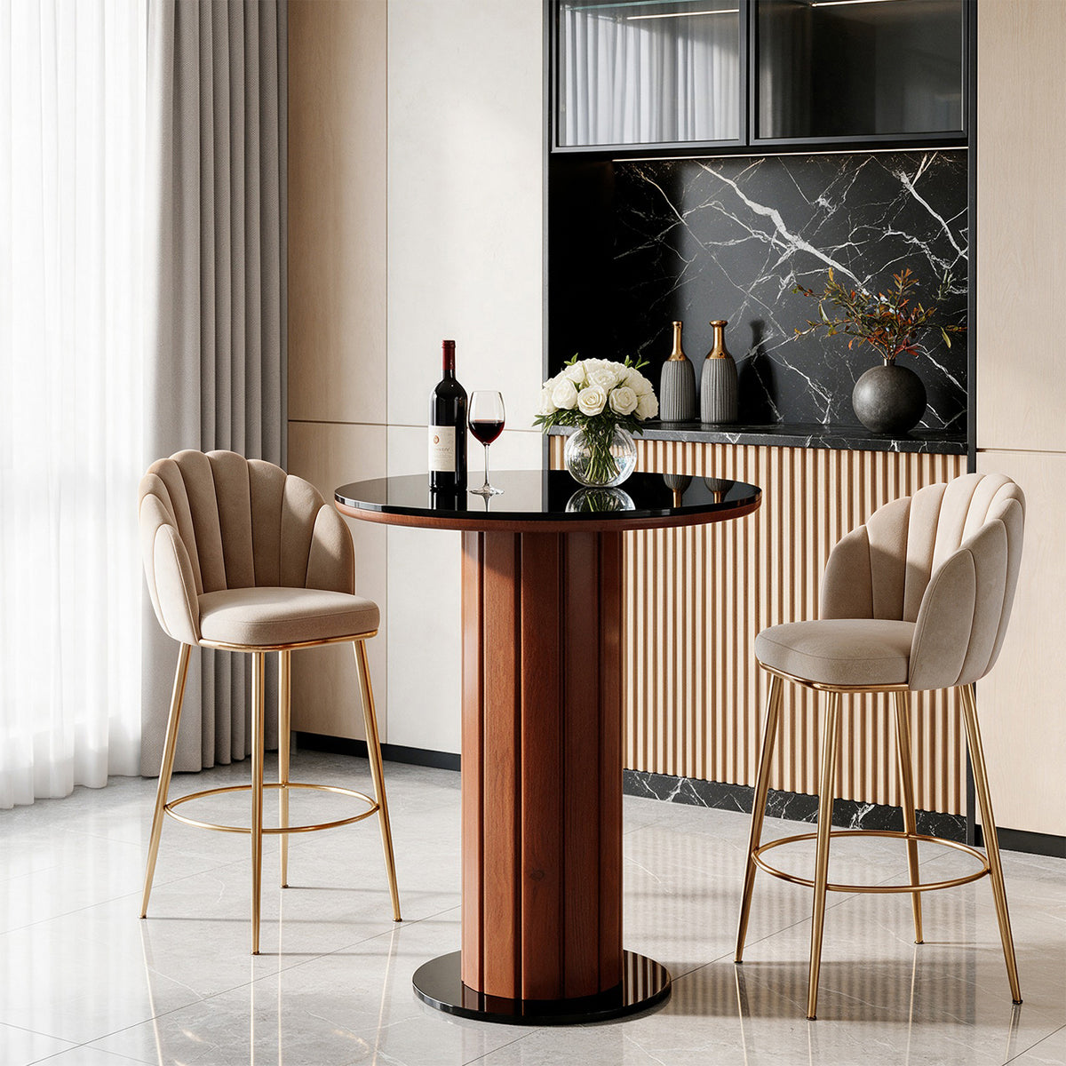 37.8" H Round Bar Table with Tempered Glass Top, Modern Pub Table with Fluted Pedestal Base