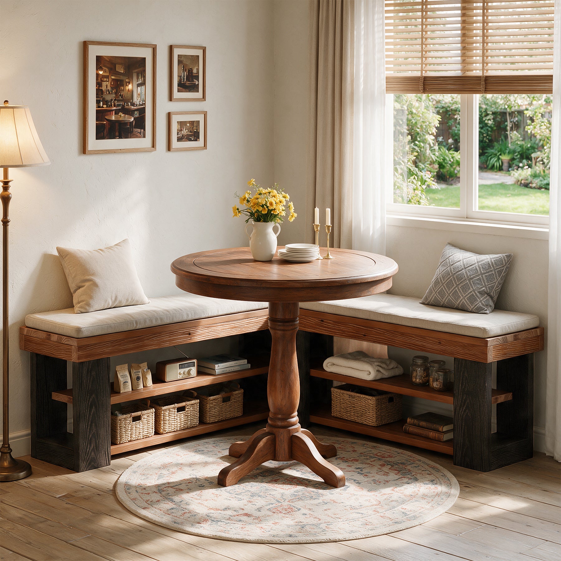 47" L-Shaped Corner Bench, 3-Tier Solid Wood Entryway Bench, Hallway Mudroom