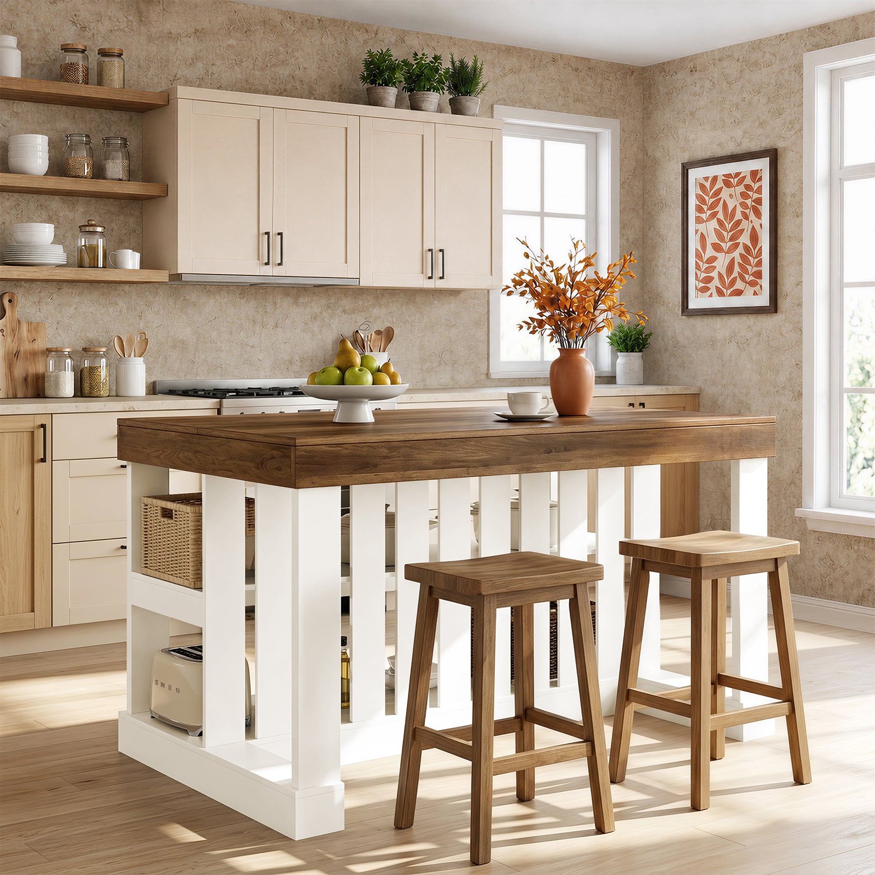 55-Inch Kitchen Island with Storage, Farmhouse Freestanding Island Table