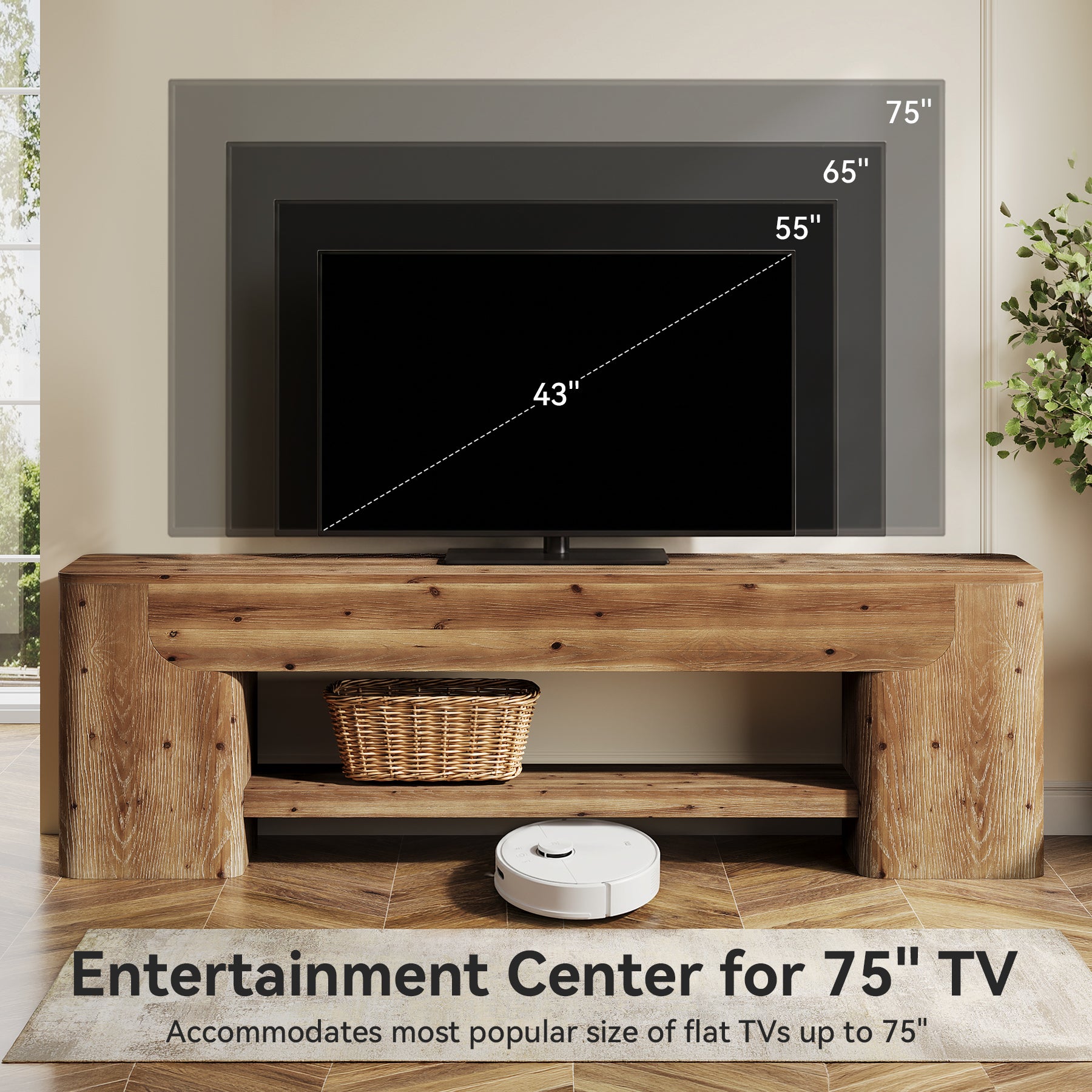 63" Solid Wood TV Stand for Up to 75" TVs, Farmhouse Entertainment Center with Open Shelf Storage for Living Room or Bedroom