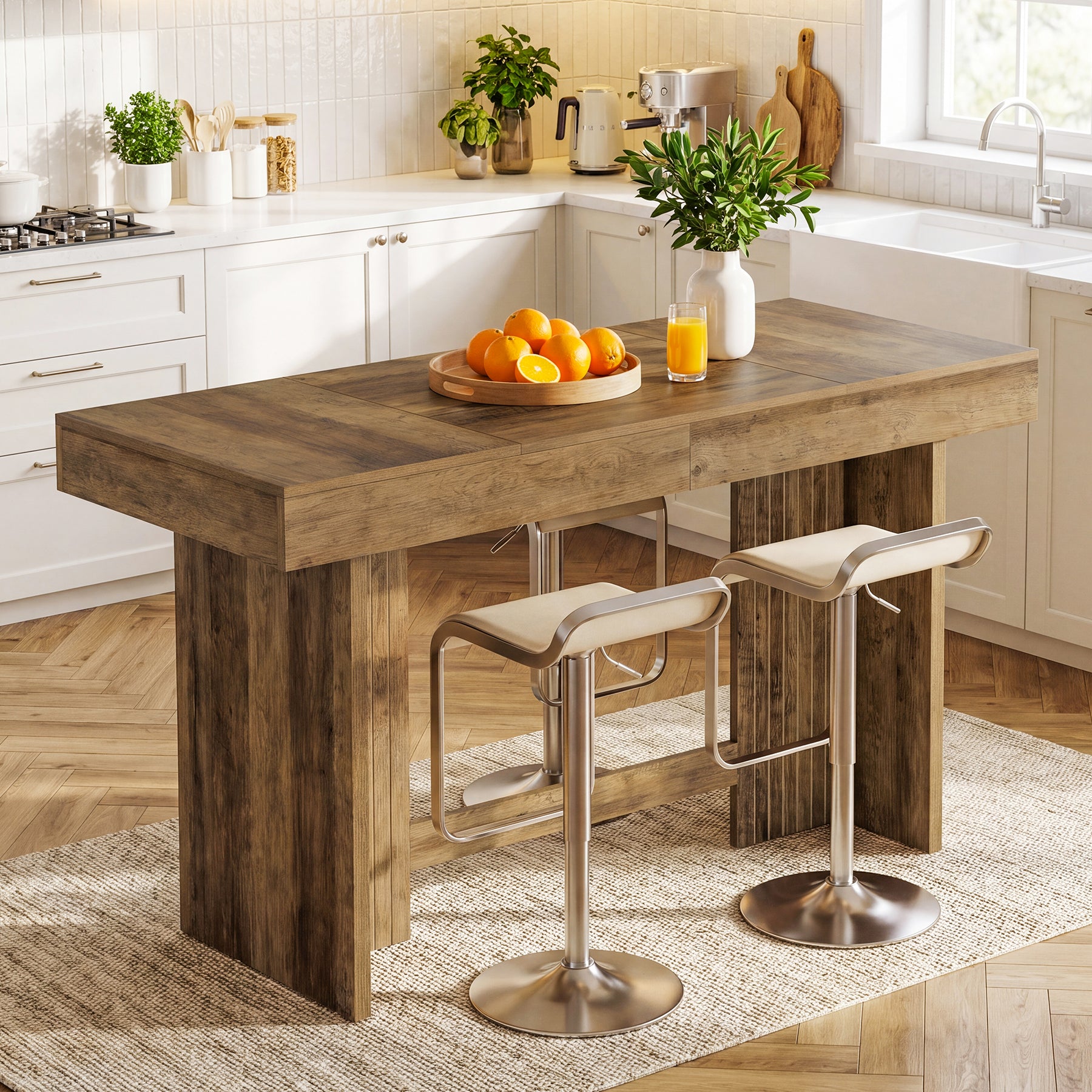 55" Kitchen Island, Farmhouse Stationary Table with Large Worktop