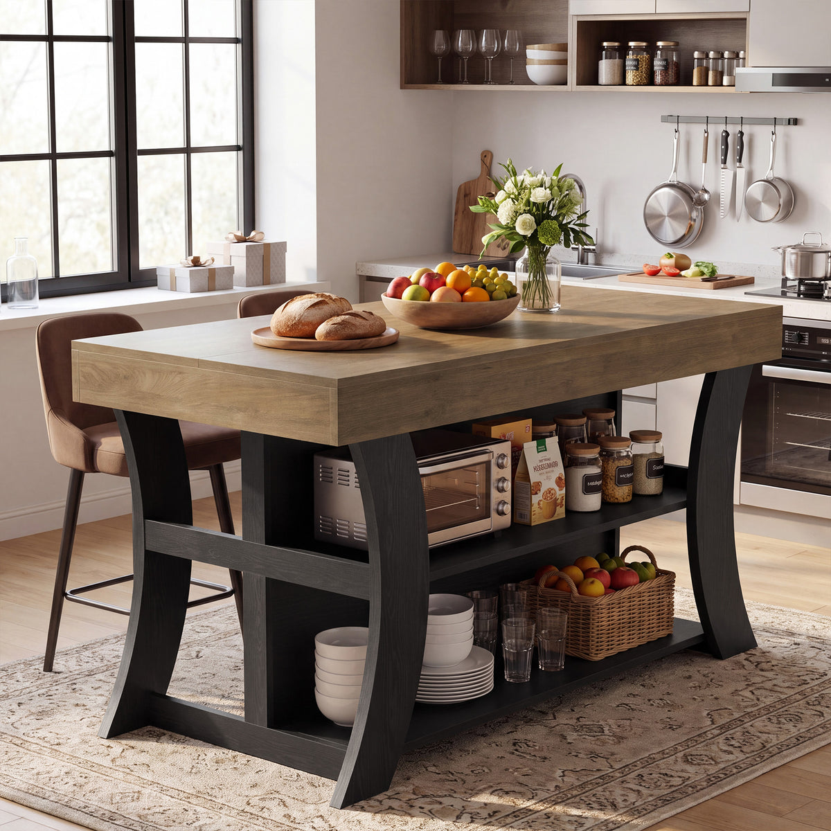 55" Farmhouse Kitchen Island with Storage & Seating Space, Stationary Island Table