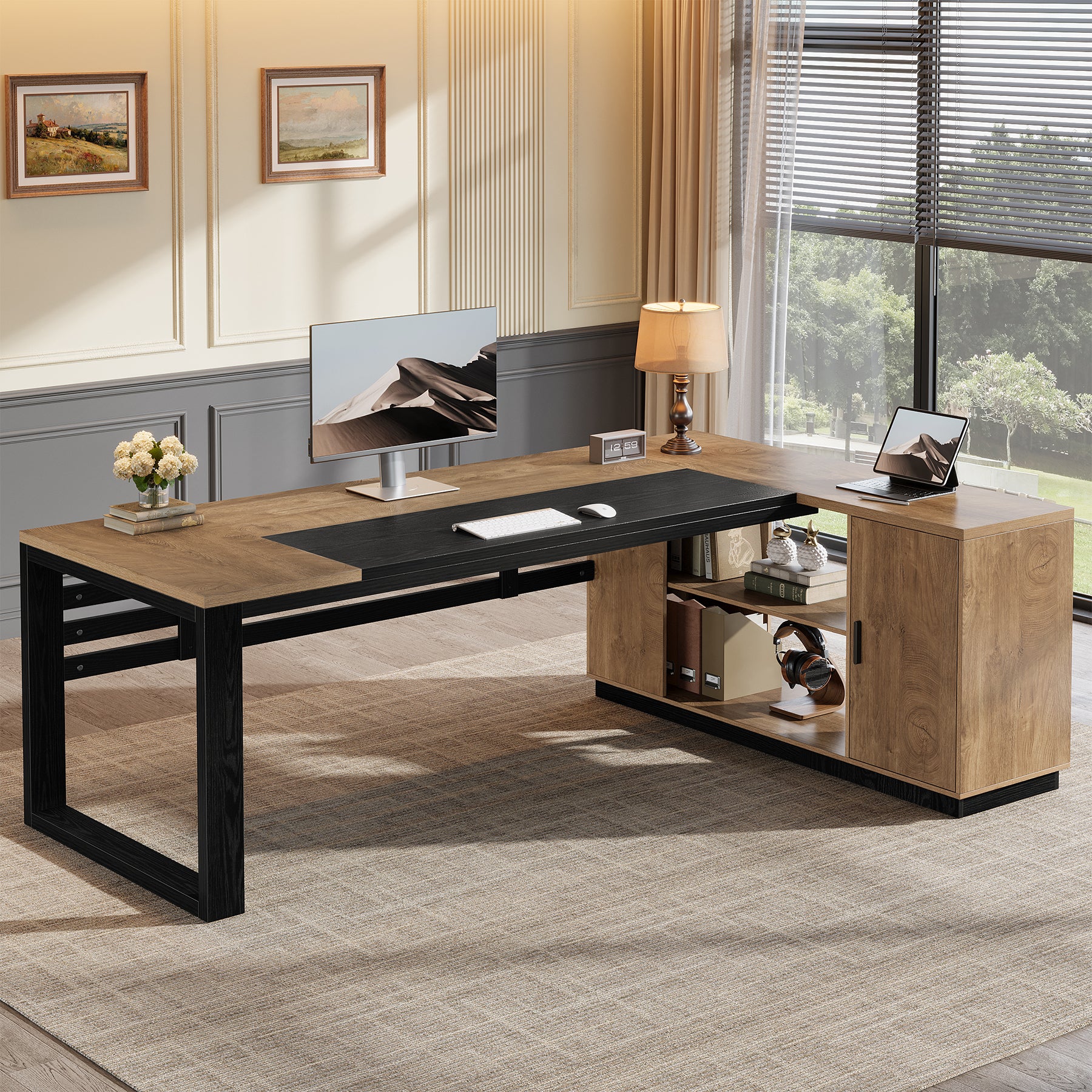 78" L-Shaped Executive Desk, Modern Office Desk with Cabinet Storage & Shelves