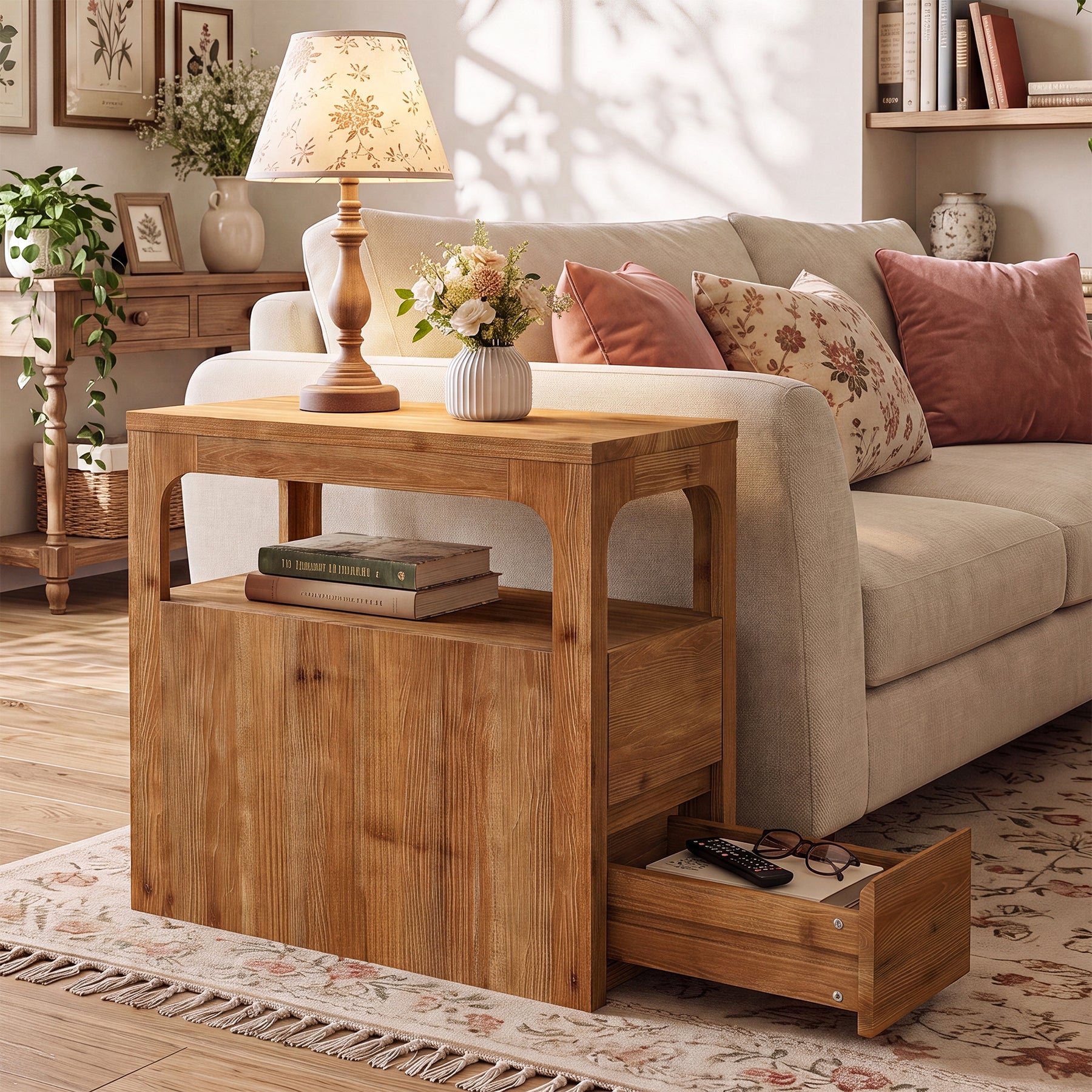 Narrow Solid Wood End Table, Farmhouse Side Table with 2 Drawers