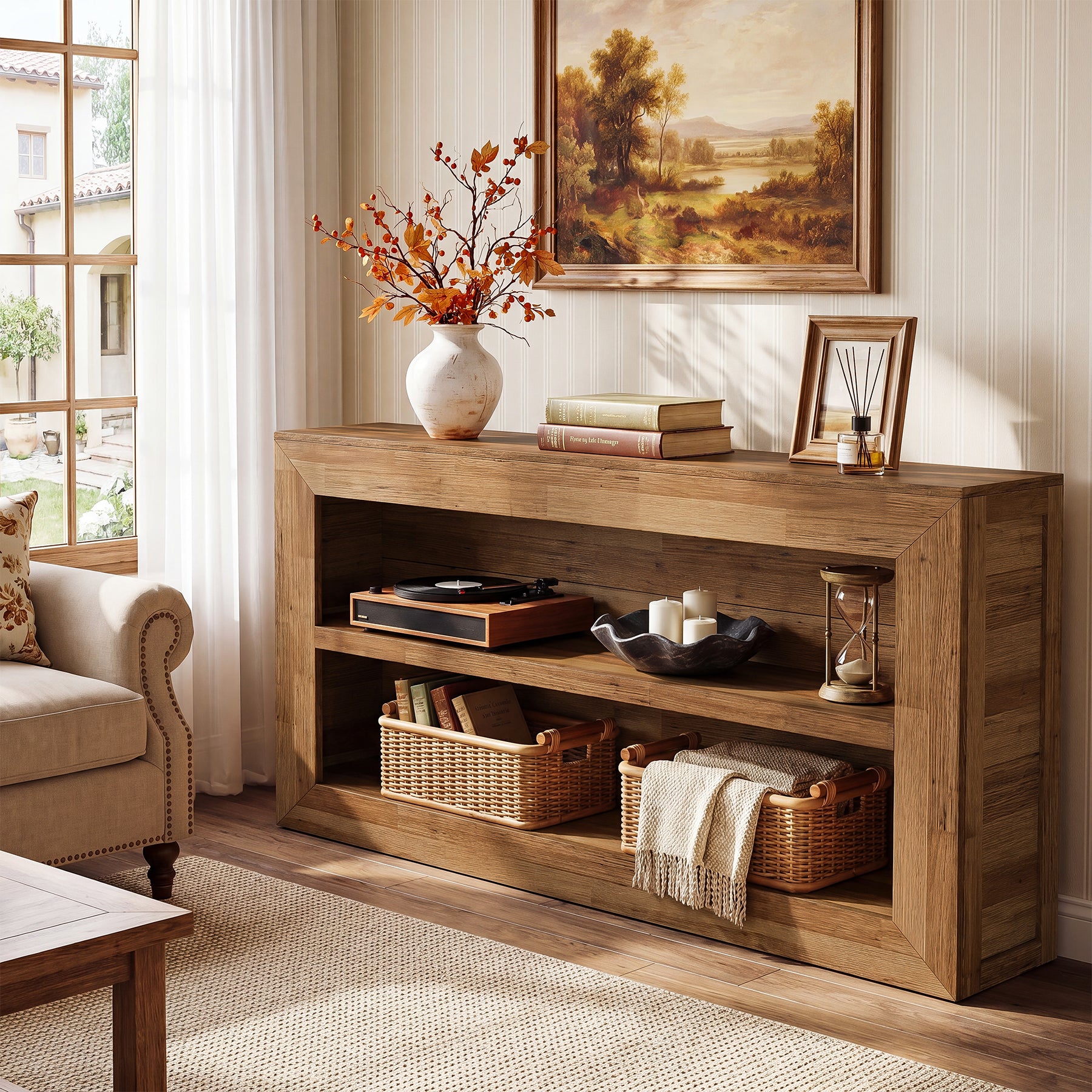 63-Inch Wooden Console Table, Narrow Entryway Table with 2-Tier Open Storage for Hallway